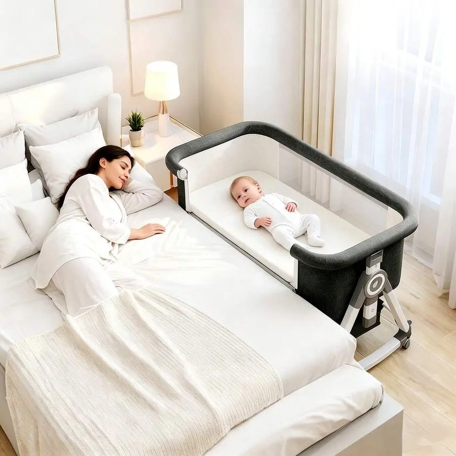 5-in-1 Baby Bassinet Bedside Sleeper - Rocking Crib with Adjustable Height & Wheels - Foldable Portable Co-Sleeper with Storage Basket