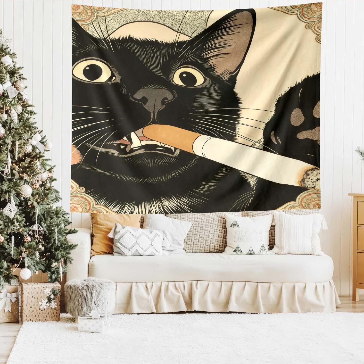Distinctive Cat Tapestry, Humorous Illustration of a Smoking Cat, Large Artistic Wall Hanging, Decorative Background Cloth, Perfect for Living Room or Bedroom, 1 pc