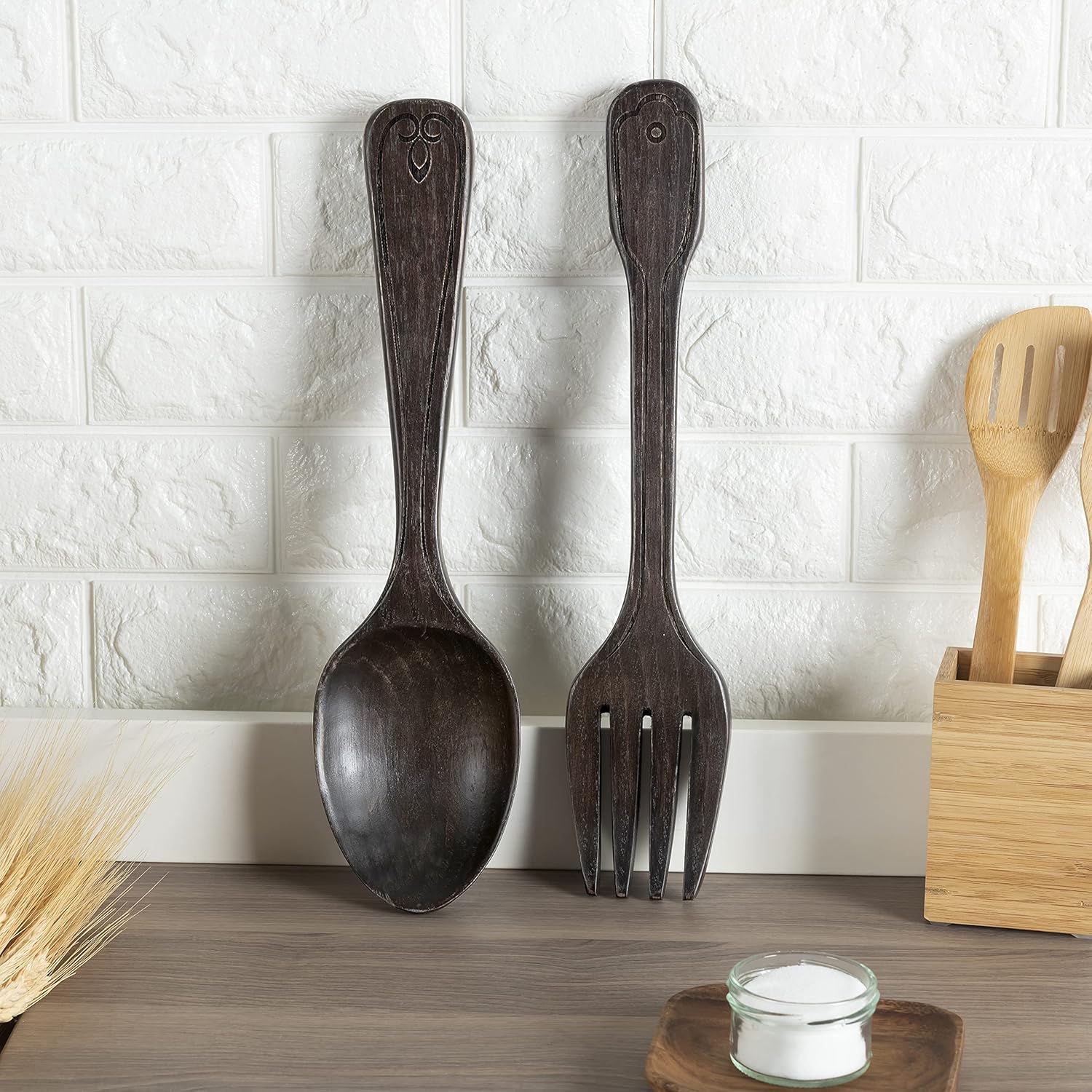 16" Wooden  Fork and Spoon Wall Decor Set of 2 | Large Spoon and Fork Wall Decor | Modern Farmhouse Kitchen Decor |  Rustic   Kitchen Wall Decoration