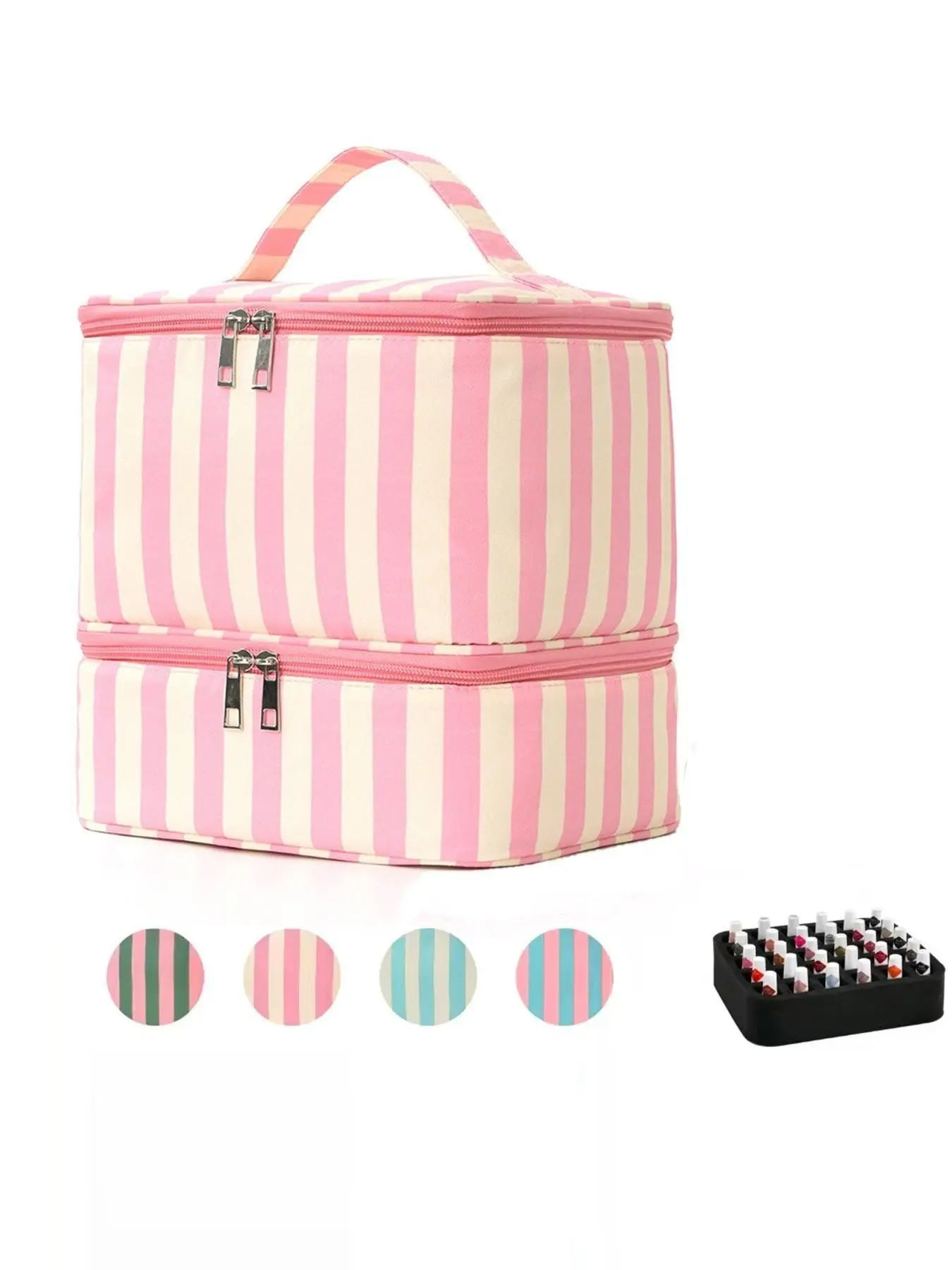 Vertical Striped Dual-Layer Storage Bag with Handle, Large Capacity Makeup Bag, Portable Travel Organizer, Cosmetics & Nail Tools