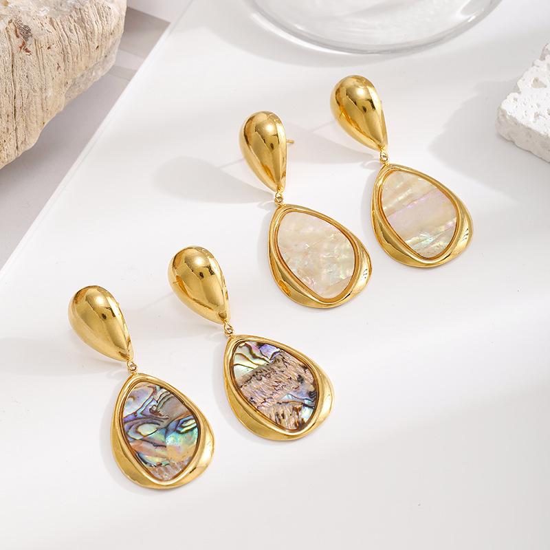 European and American geometric water drop shell earrings for women, niche high-end light luxury earrings, stainless steel abalone shell earrings, not easy to fade