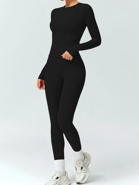 Women's Solid Crew Neck Long Sleeve T-Shirt & High Waist Skinny Pants Set, Comfortable Sportswear for Yoga Fitness Workout, Casual Workout Loungewear
