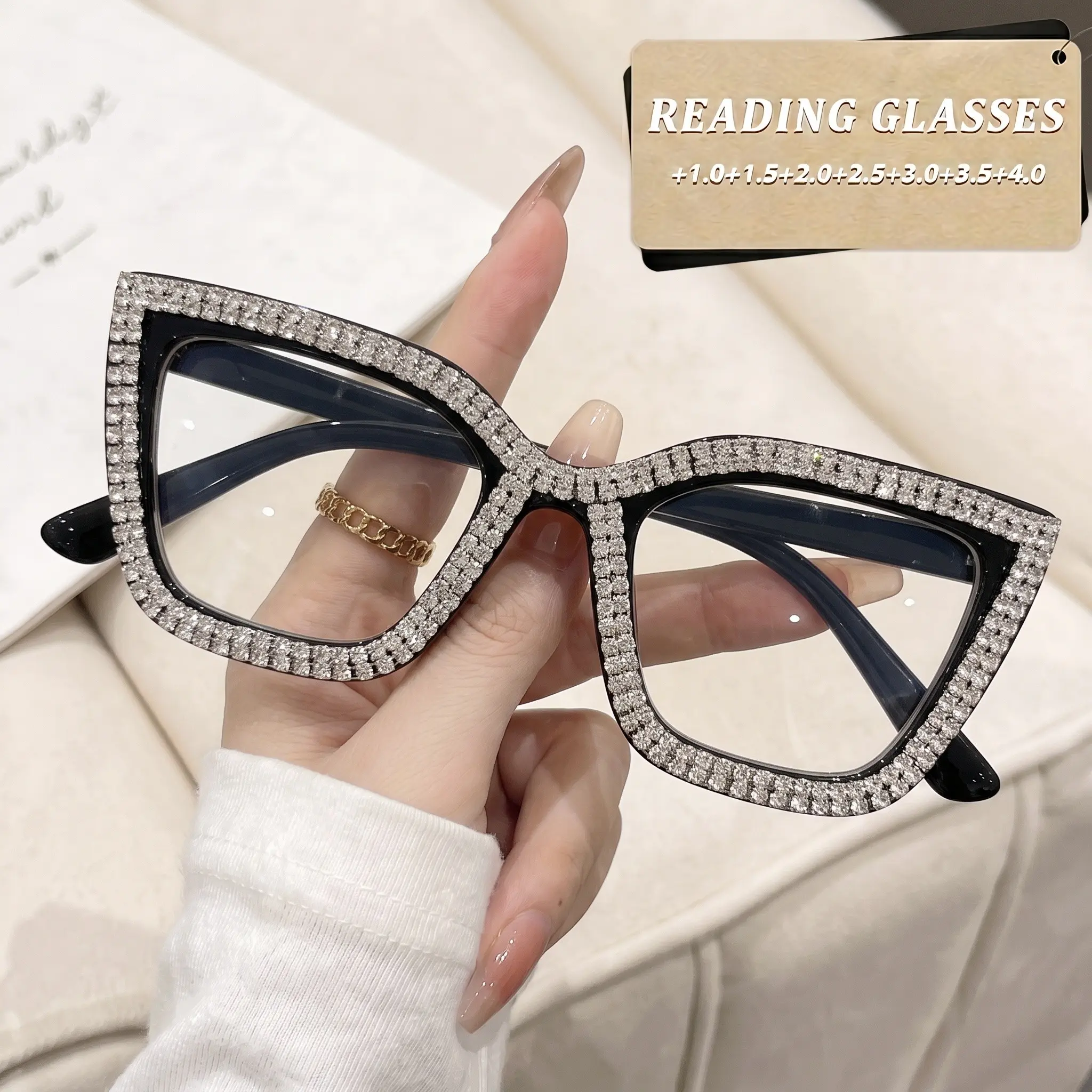 New classic retro square diamond-encrusted cat-eye light luxury HD reading glasses, Reading Eyewear, PC frame PC lenses, lightweight and comfortable, 1.0-4.0 diopters, suitable for daily mobile phone, computer, office use