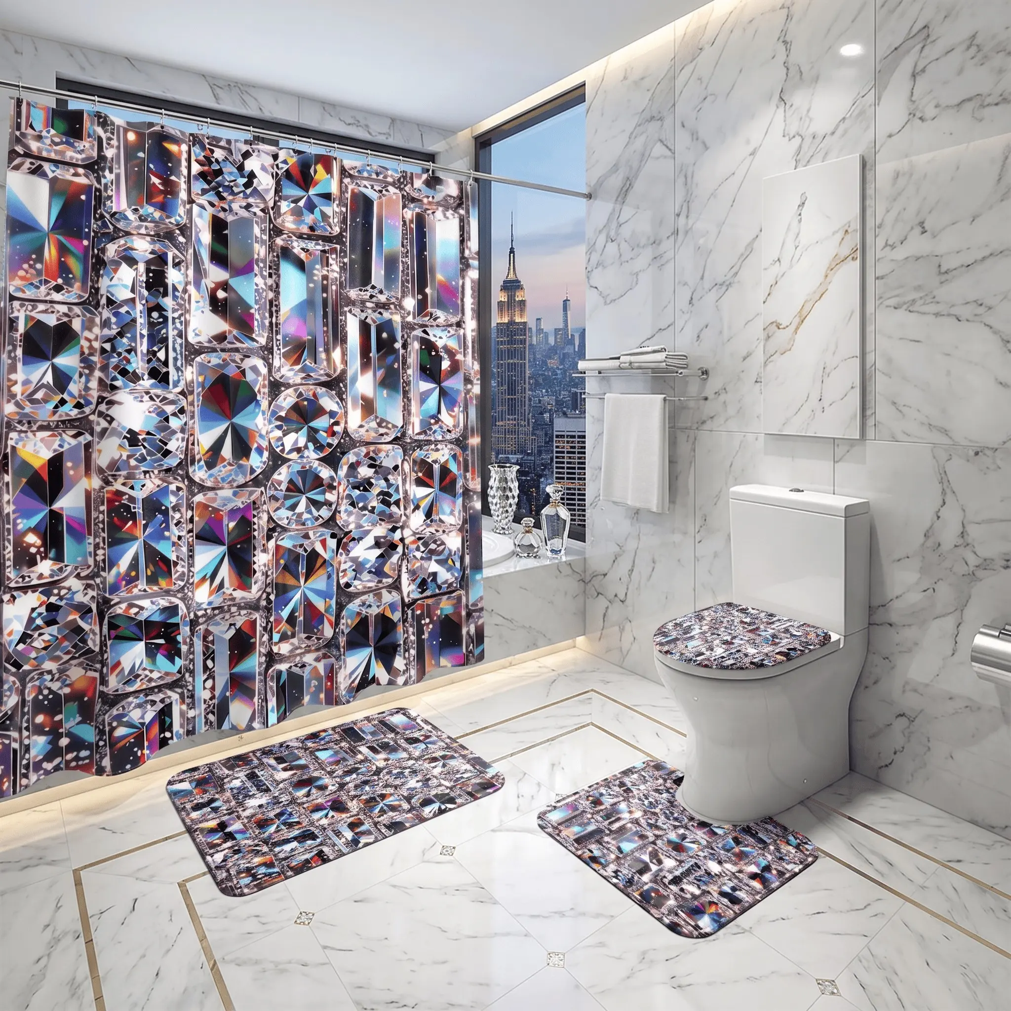 4pcs Sparkling Diamond Shower Curtain Set, 4 Piece Shiny Rhinestone Gem Crystal Pattern,The floor mat fabric is thicker and softer!  Boho Style Bathroom Decor, Luxury Gift