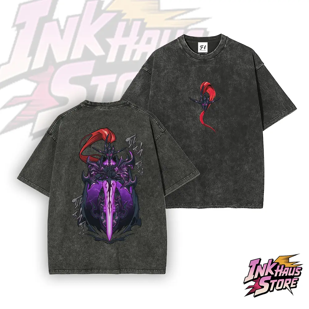 Dark Fantasy Evil Knight Purple Neon Sword Graphic Vintage Washed Oversized T Shirt Gothic Streetwear Anime Tee