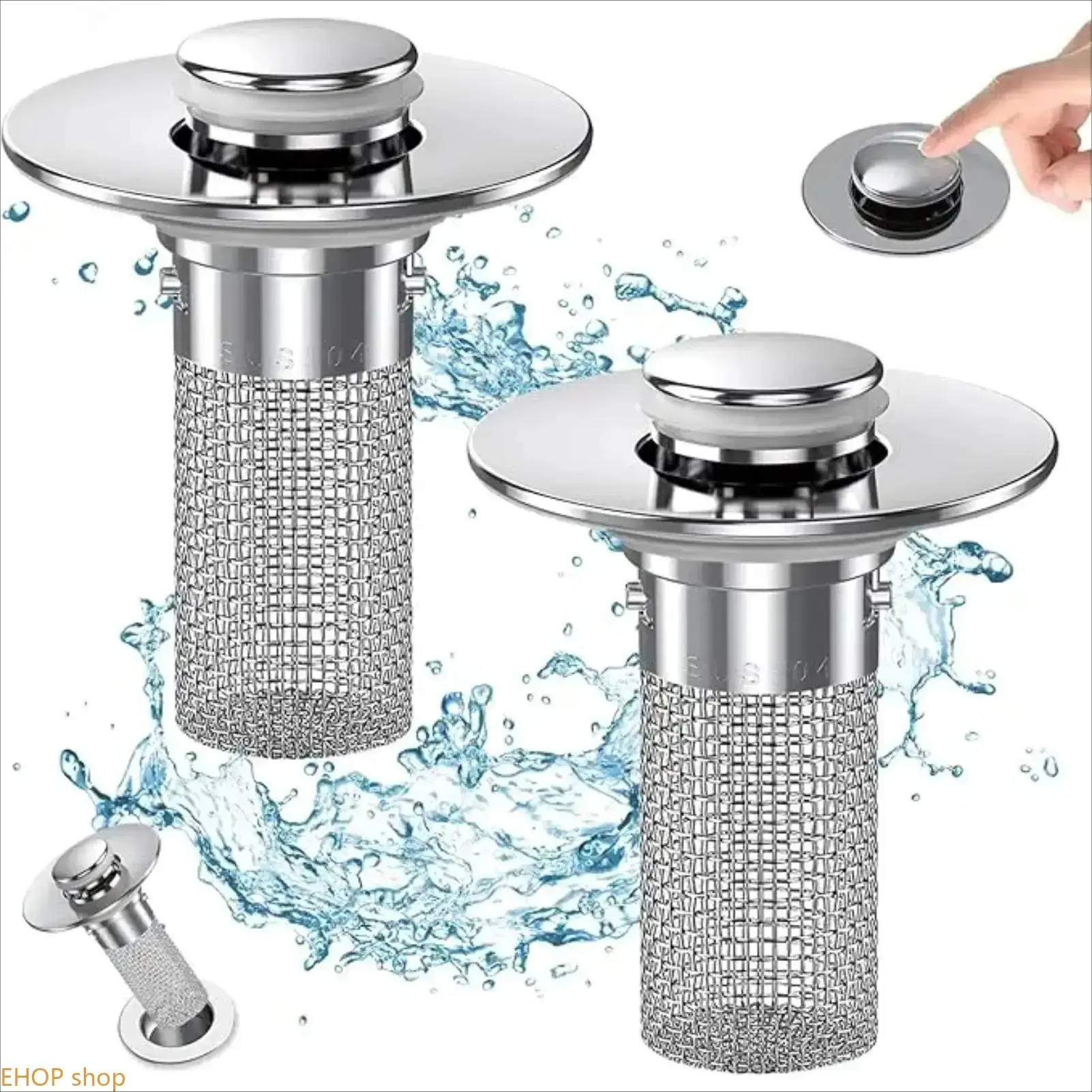 Pop-Up Bathroom Sink Drain Strainer, Stainless Steel Hair Catcher Basket with Brass Drain Plug, Universal Fit for Bathroom Sinks, Bathtubs, Showers and Floor Drains