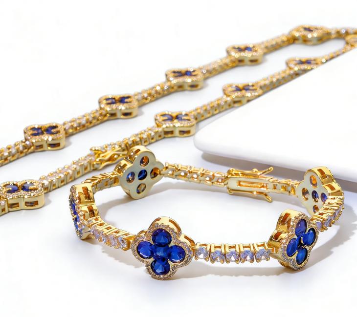 Paired with a 5A+ Sri Lankan Moissanite bracelet, featuring a four-leaf clover motif, colorful gemstone inlay, and a classic tennis chain design—crafted exclusively for women. This piece embodies a luxurious yet minimalist aesthetic, making it an ideal ch