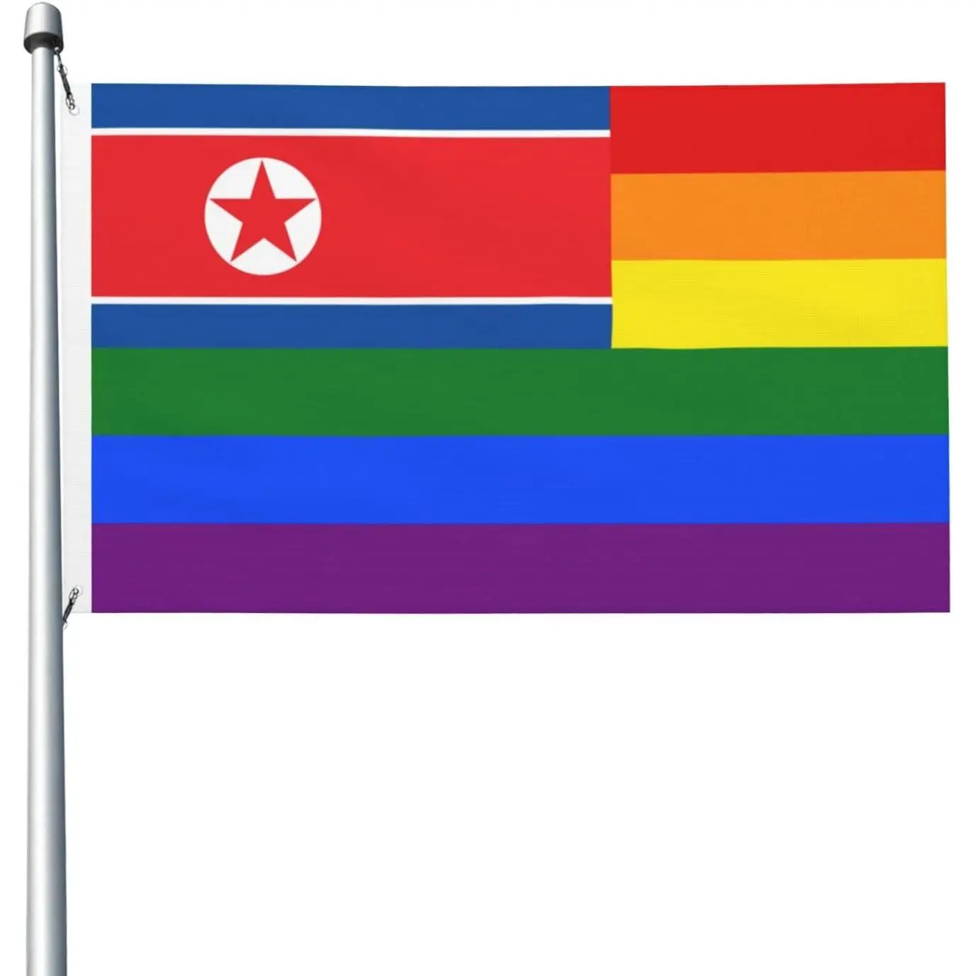 North Korea Pride Fusion Flag - Left Red-White-Blue Star Panel, Full Rainbow Horizontal Stripes, LGBTQ Cultural Festival Banner for Community Gathering, Lightweight Decoration Flag, Banners