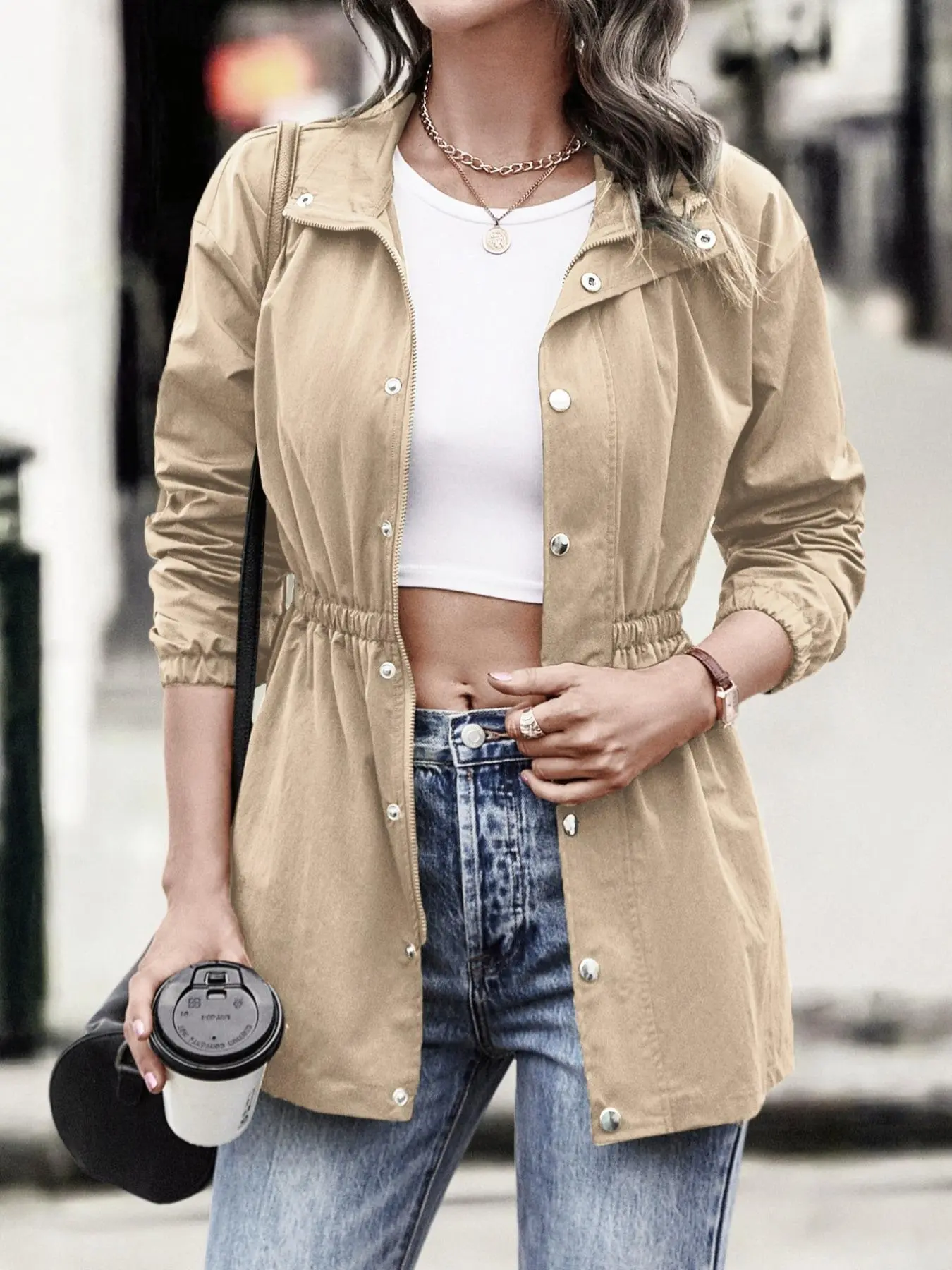 Women's Long Sleeve Fitted Collared Trench Coat Jackets, Casual Cute Outerwear, Zipper and Button Front, Casual All-Season Outerwear, Sizes S-Xxl, Plain Pattern