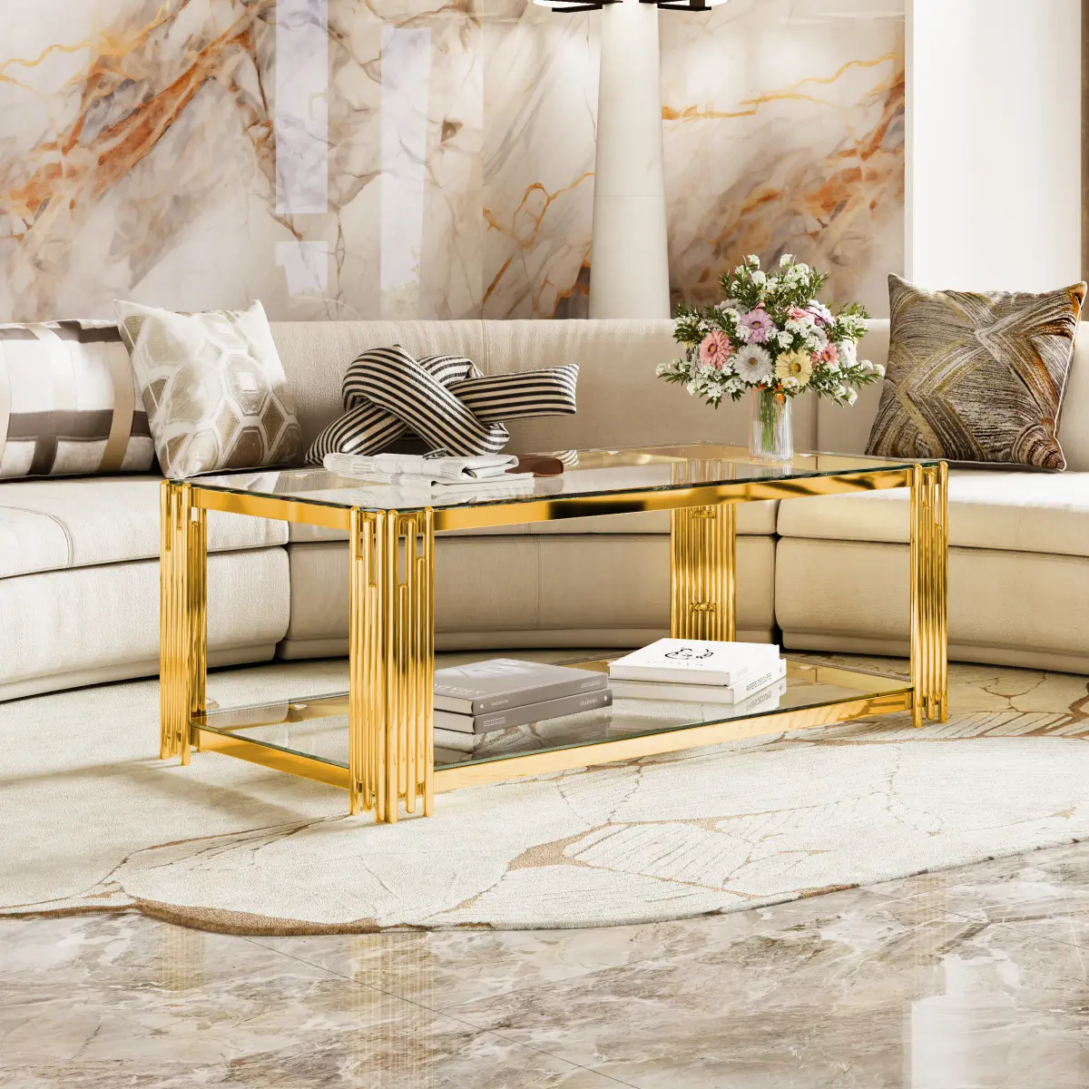 Modern Transparent Glass Coffee Table,Rectangle, Asymmetrical Metal, Gold Finish & Lower Shelf, 47.5"