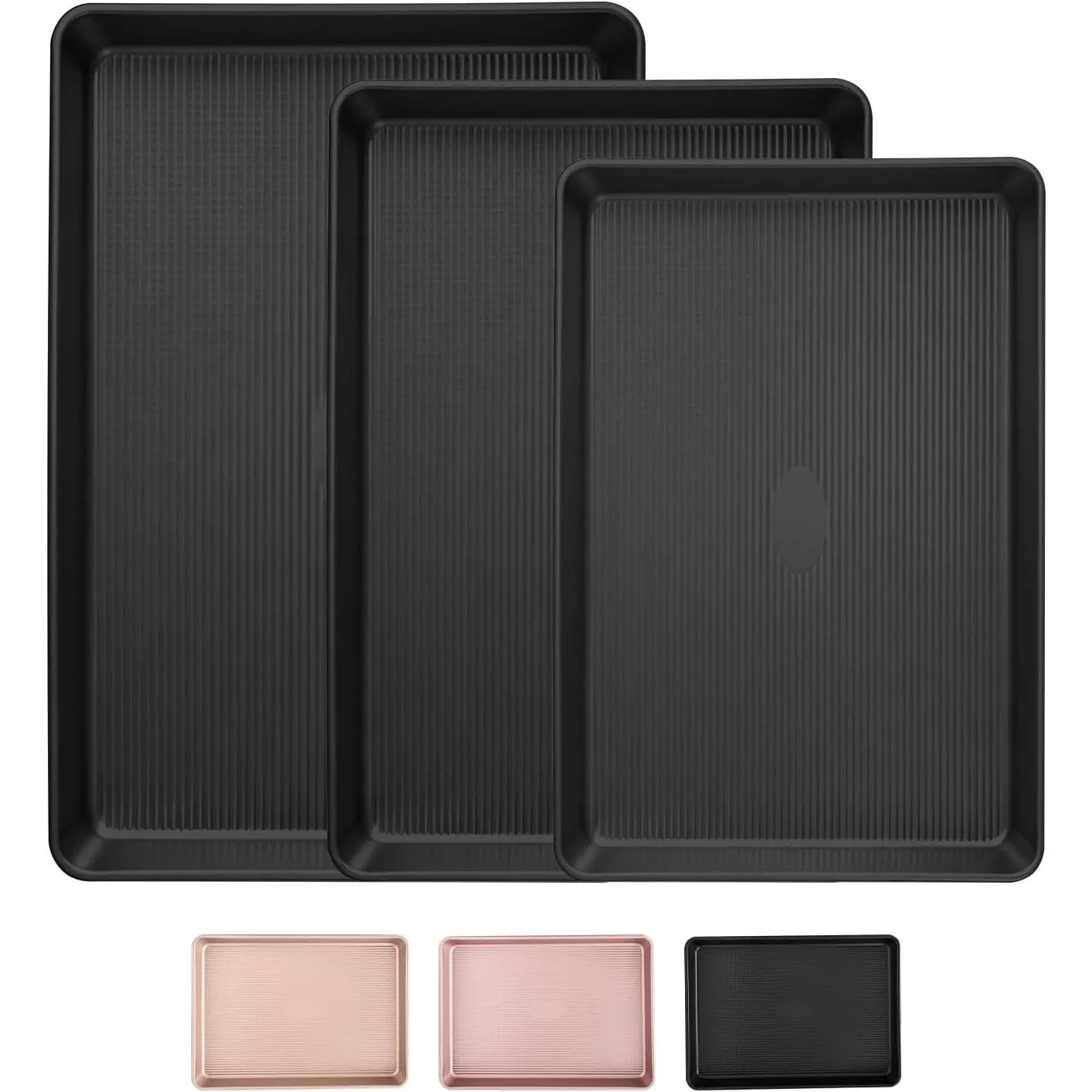Nonstick Baking Sheet Pan Set of 3, Heavy Duty Cookie Sheets for Oven with Stripe Texture Pattern, 0.6mm Thick Quarter/Half/Jelly Roll Pans, Rust-Resistant & Easy Clean (Black) elegant party gift birthday gathering christmas