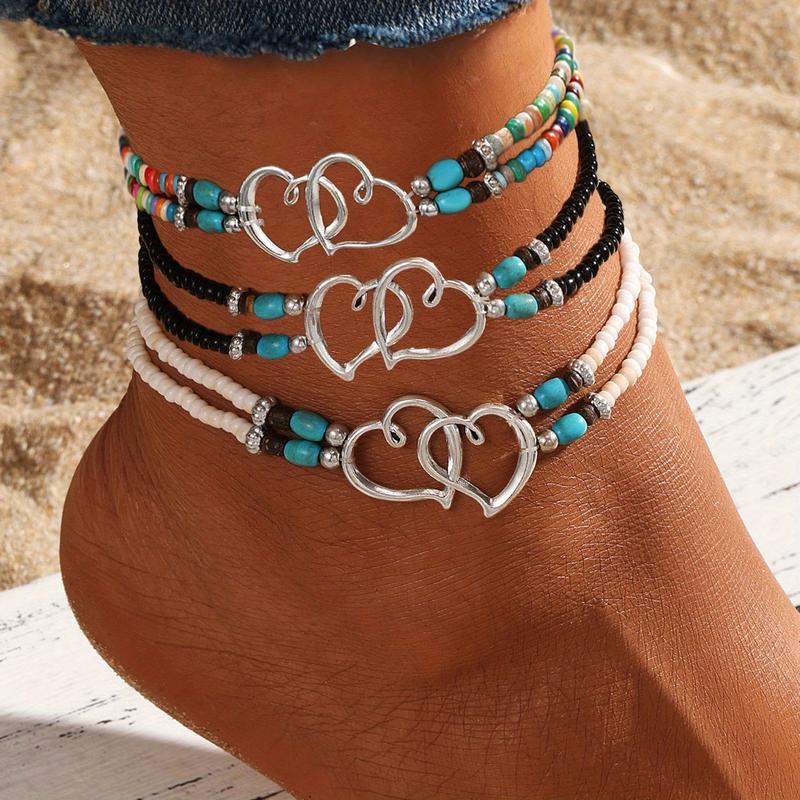 Boho Chic 3Pcs Set Women's Beaded Heart Charms Multi-layer Anklet Exquisite Double-Layer Beaded Heart Anklet for Summer Vacation Beach Wedding Party Jewelry Gift