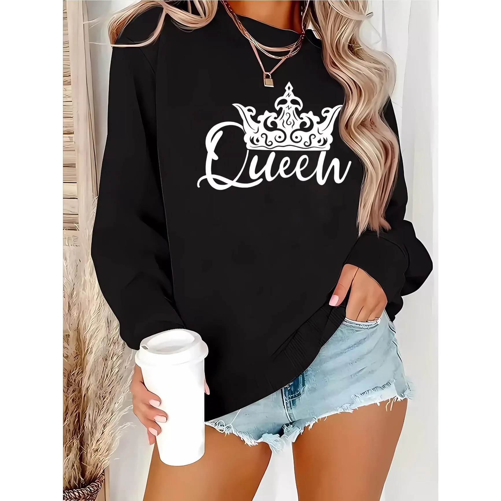 Queen Crown Graphic Oversized Cotton Sweatshirt,Cute Fashion Outfit,Valentine's Day Gift For Her Him,Ideal Holiday Present For Lover Family Friends,Comfort  Pullover