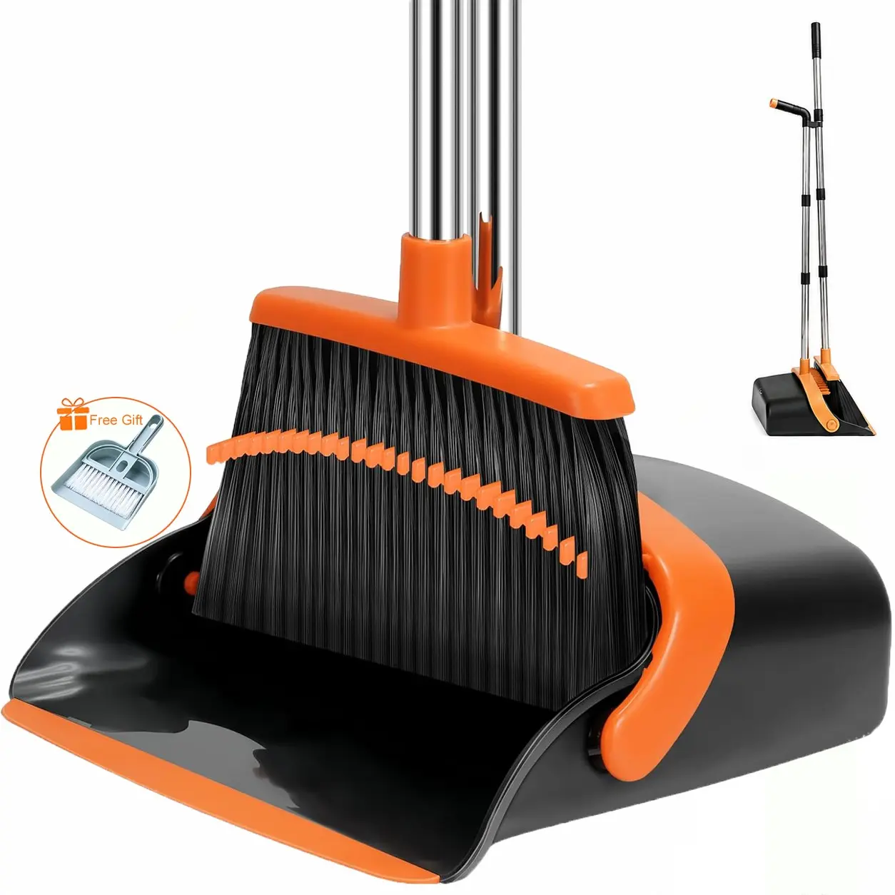 Broom and Dustpan Set With Self-Cleaning Dustpan Teeth For Indoor&Outdoor Sweeping Home Cleaning Tools Broom Dustpan Combo Suitable for Dog Cat Pets Home Use Stand Up Broom and Dustpan Black&Orange，Mini Tabletop Dustpan Set for Free