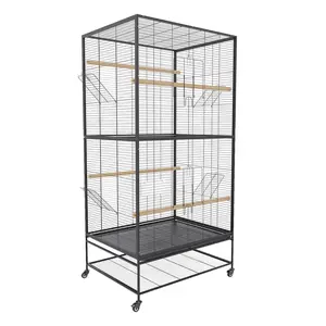 Extra Large Flat-Top Parrot Cage, Carbon Steel, Rolling Stand, Removable Tray, Secure Lock, Black