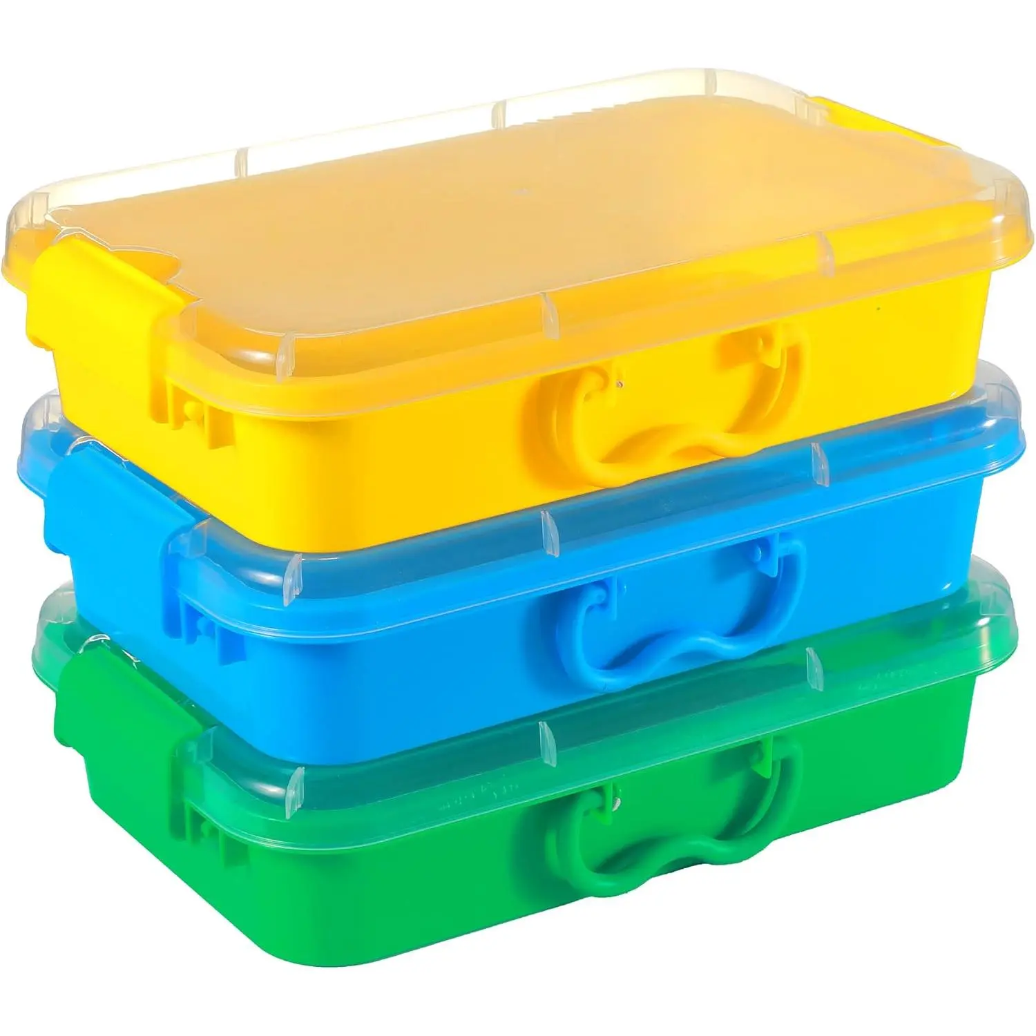 3 Pack Small Storage Bins with Lids, 12.8 x 8.5 x 3 Inch Stackable Plastic Organizer Boxes with Handles for Toys, Classroom Supplies, Crafts, Puzzles, Art Materials and Sensory Play