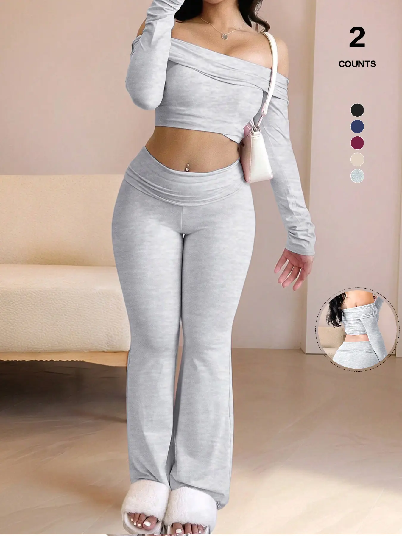 Women's Solid Color Long Sleeve Crop Tee & Flare Leg Skinny Pants Everyday Basic Loungewear Set, Casual One Shoulder Top & Bell Bottom Leggings