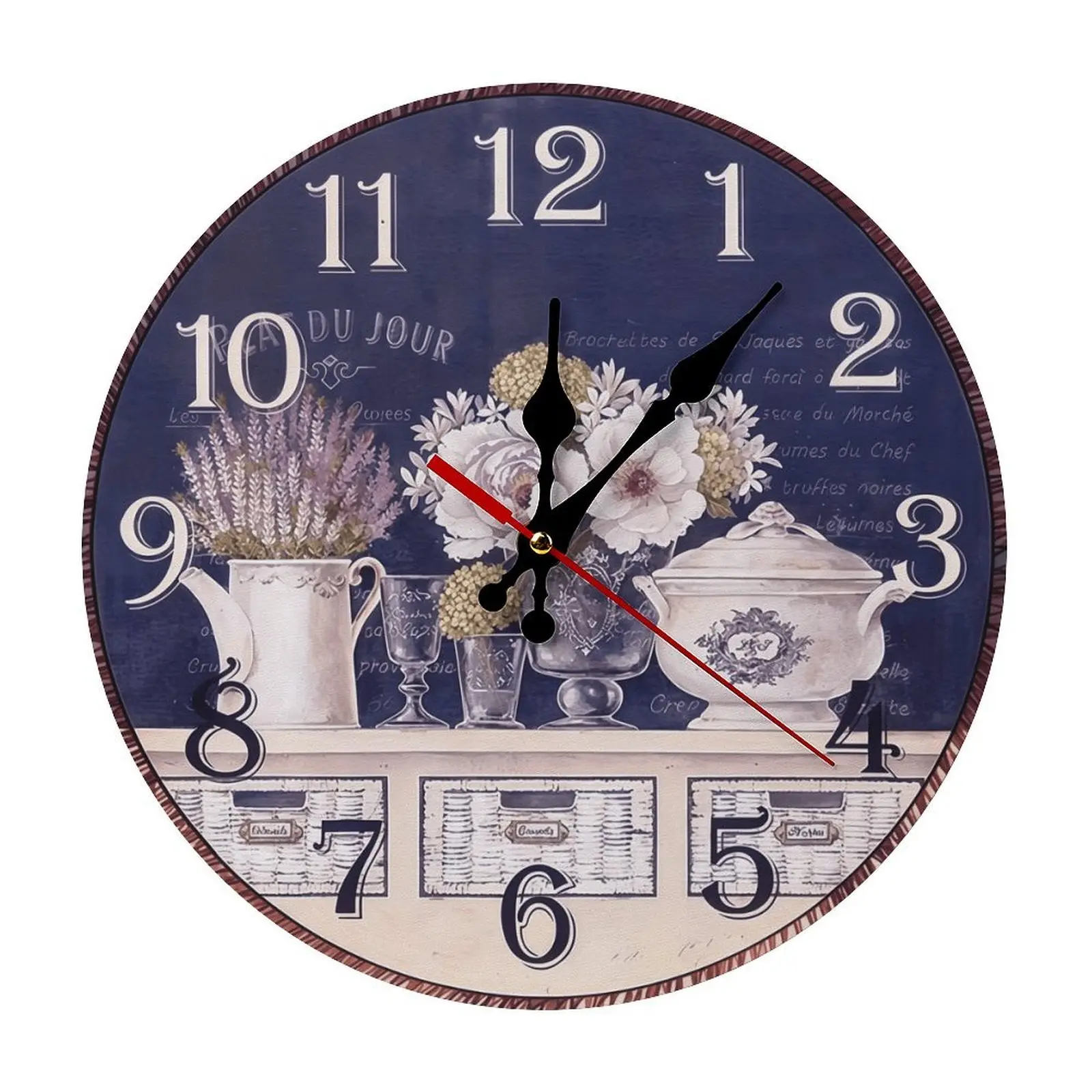 Navy Blue French Country Floral Ceramic Analog Wall Clock - 10/12in Vintage Provence Silent Wall Mount Home Supplies, Home Decor, Room Decor with Easy Assembly