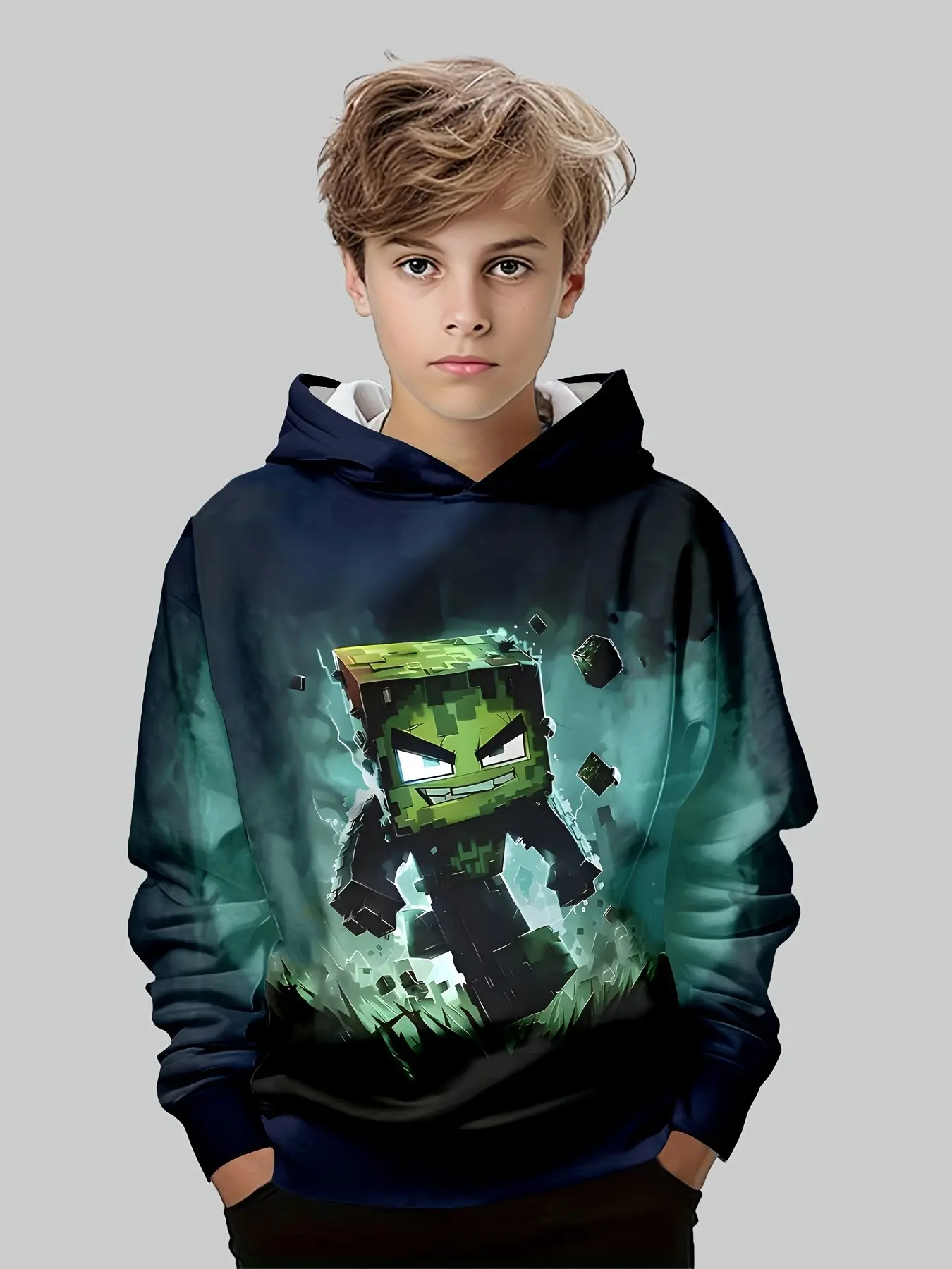 Pixel Style Monster Hooded Sweatshirt, Boys' Cartoon Print Pullover, 3D Graphic Top, Casual Loose-Fit Spring & Fall Wear