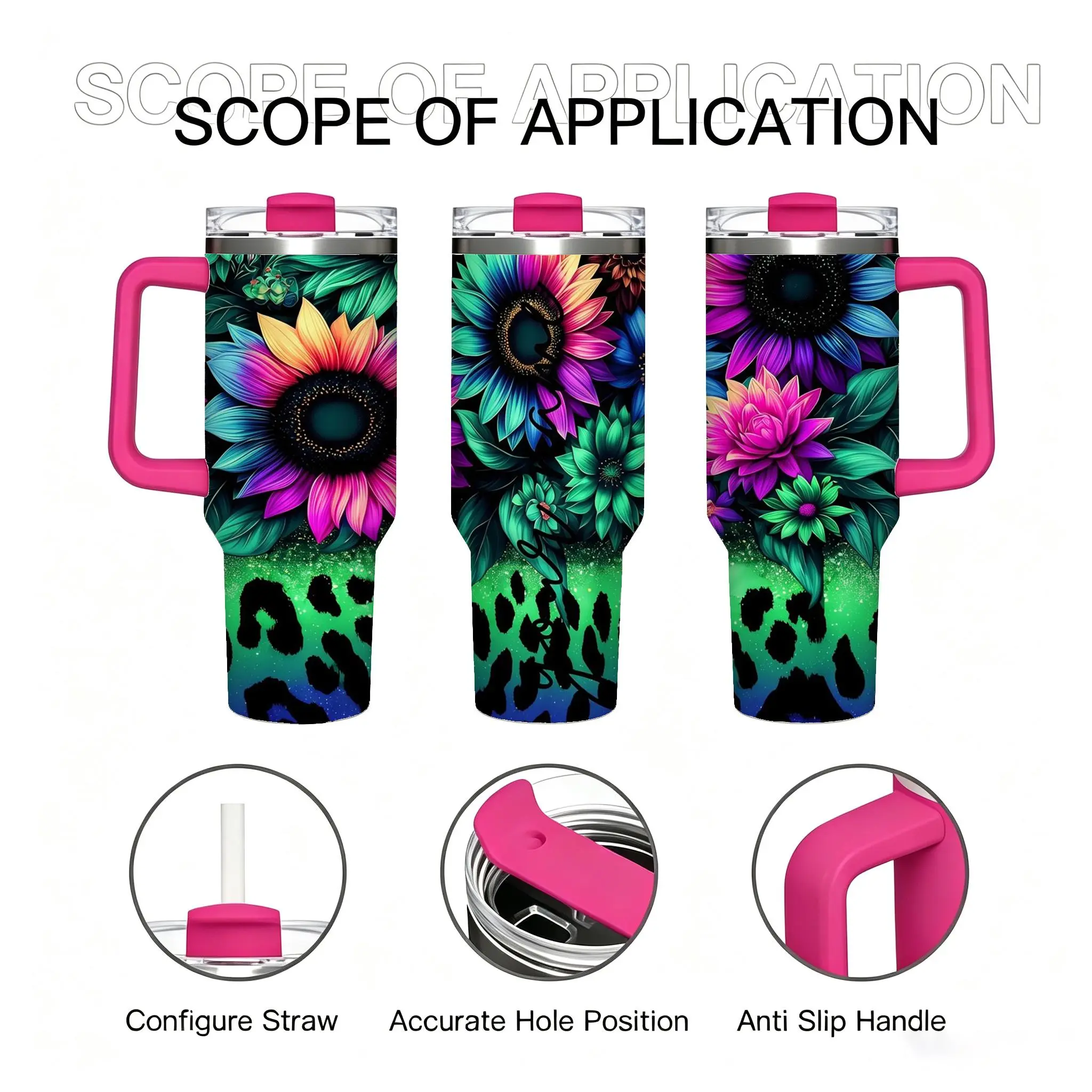 40oz Rainbow Sunflower Green Leopard Print Stainless Steel Insulated Tumbler With Handle & Leakproof Lid, Vacuum Heat & Cold Retention Travel Mug, Gift For Women, Ideal For Office, Gym, Camping And Road Trips flask
