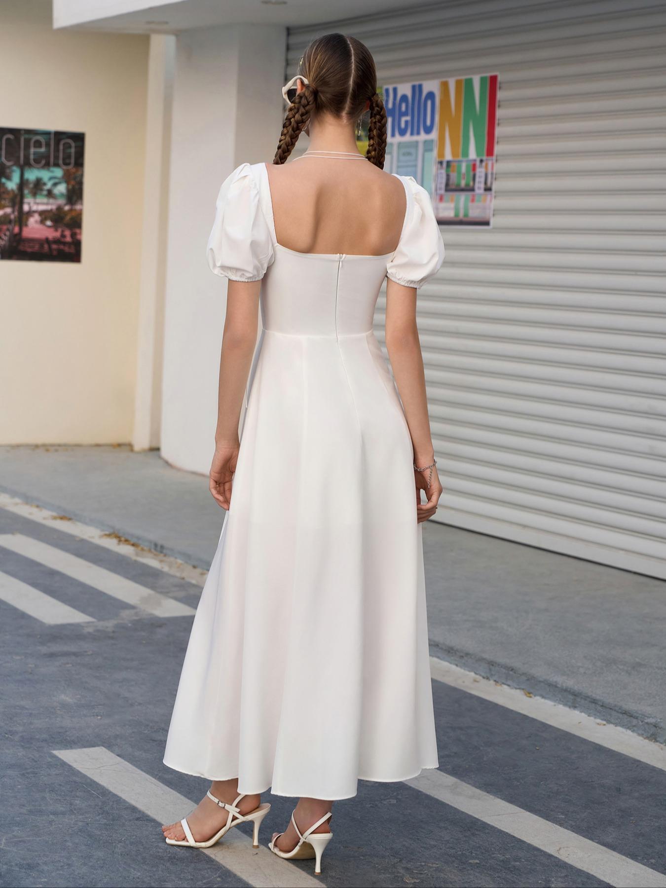 Women'S Off The Shoulder Ruched Tie Front Split Thigh Slit Dress, Elegant Puff Sleeve A Line Long Dress For Party Holiday Dating Wear, Chic Milkmaid Dress, Ladies Summer Clothes Fit