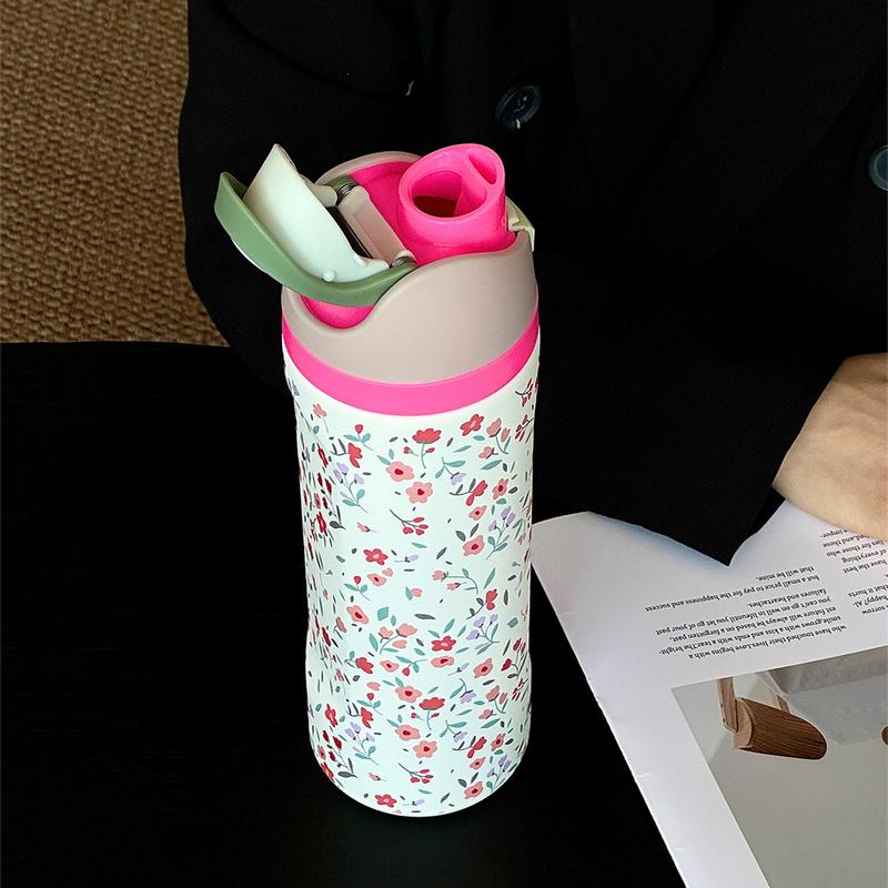 Floral Pattern Stainless Steel Vacuum Flask, 1 Count 24oz-32oz-40oz Water Bottle with Straw, Stainless Steel Thermos, Drinking Cup for Home Office School Outdoor, Portable Drinkware, Insulated Mug, Leakproof Insulated Tumbler