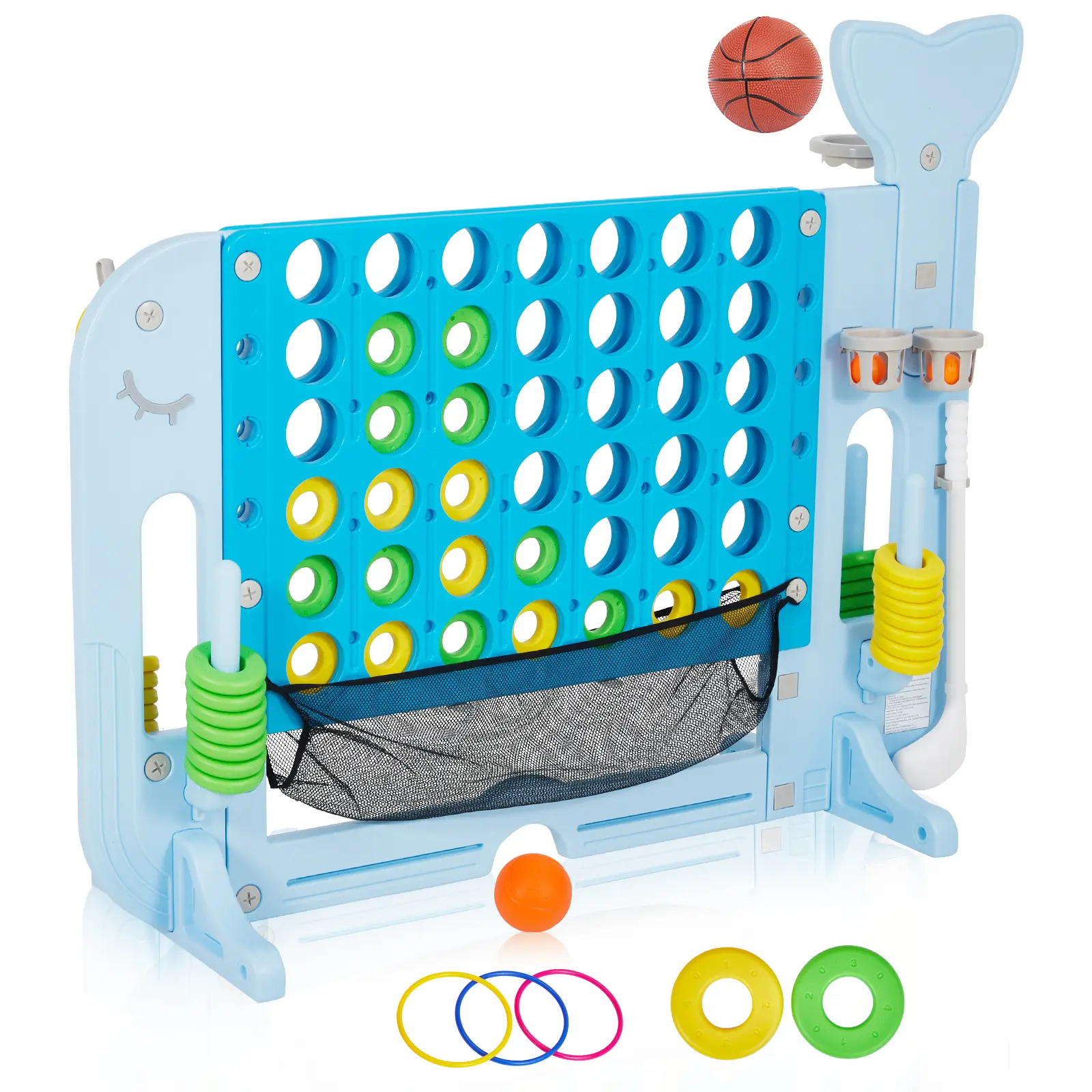 Adjustable Height 4-in-a-Row Game Center w/ Basketball, Golf & Ring Toss – Quick-Release Slider, Outdoor/Indoor Family Party Set for All Ages