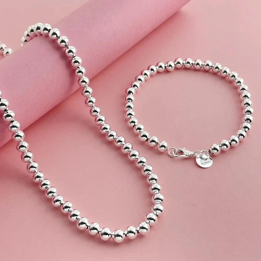 925 Sterling Silver Jewelry Set 6MM Buddhist Beads Necklace Bracelet Set Women's Fashion Simple Birthday Wedding Jewelry Gift