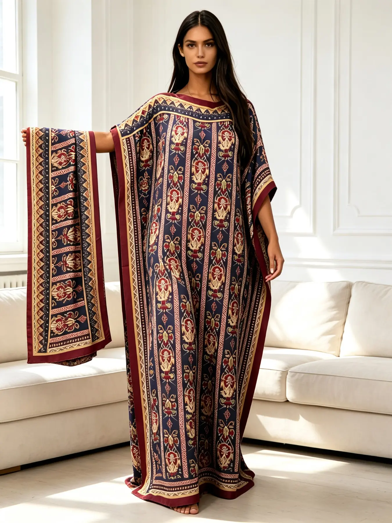 Plus Size Women's Two-Piece Satin Kaftan Set, Navy Vintage Ethnic Floral Striped Long Sleepwear with Matching Headscarf, Loose Fit Home & Beach Wear