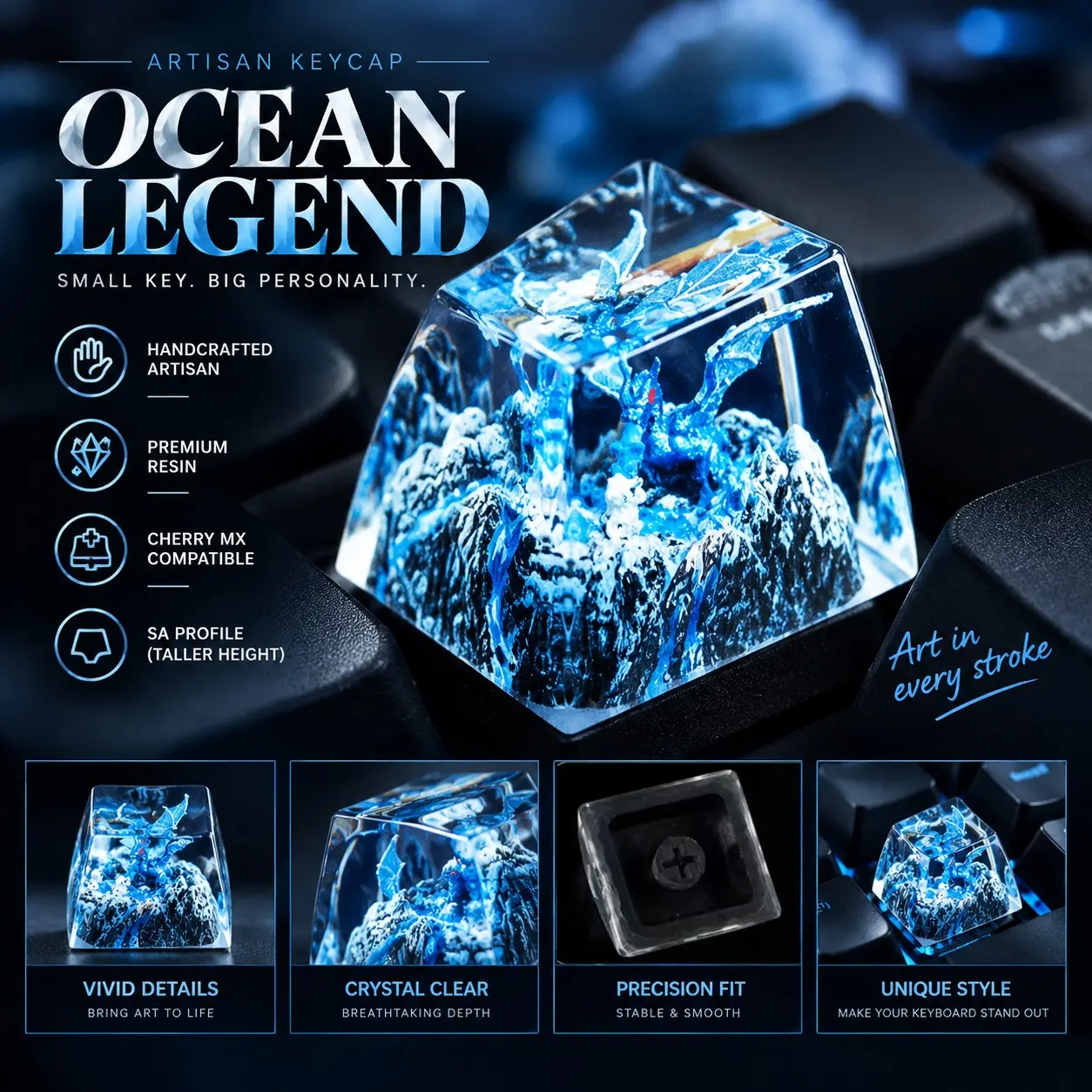 Resin Artisan Keycap, 1u Sa Custom Esc for Mx Gaming Mechanical Keyboard, Handmade Blue Dragon, Ideal Gift for Gamers and Streamers