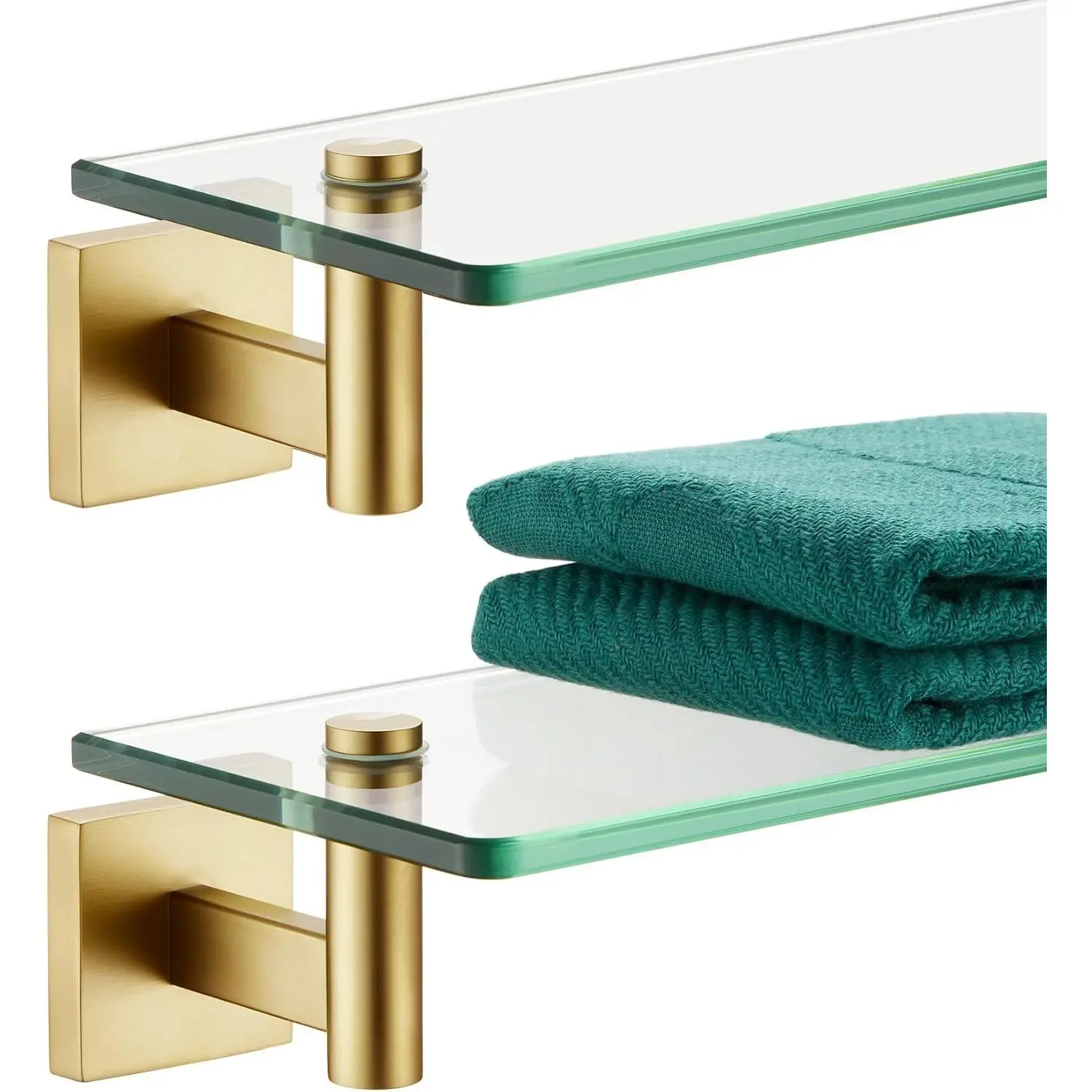 2-Pack 12" Gold Stainless Steel Floating Wall Shelves with 12"x5.6" Tempered Glass, Easy-Install Bathroom Hanging Storage Rack with Mounting Bracket, Indoor Room Decor (B1105BG-L12-P2)
