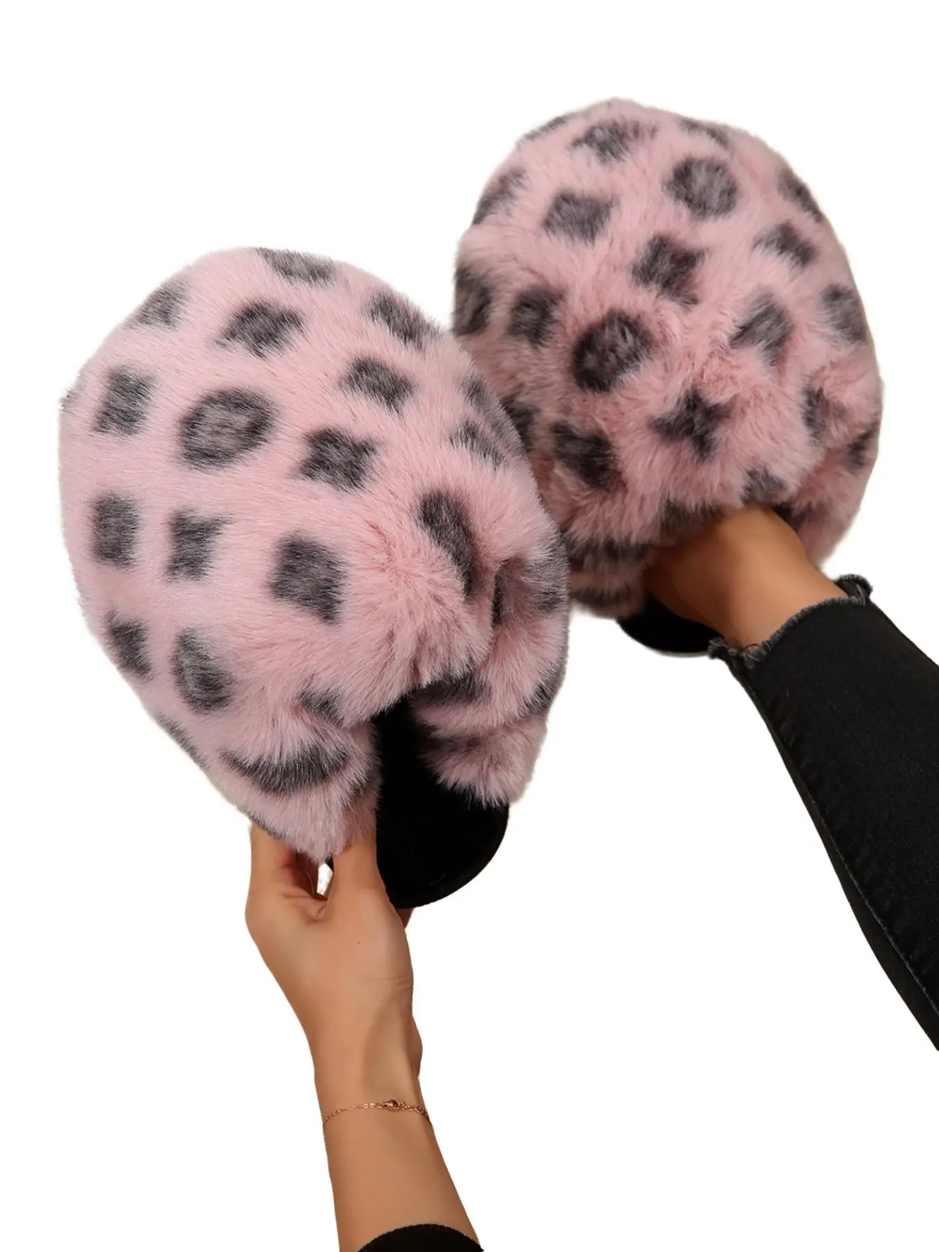 Women's Trendy Leopard Print Plush Open Back Slippers, Super Soft Plush Indoor Sandals, Plus Size Anti-Slip Home Shoes