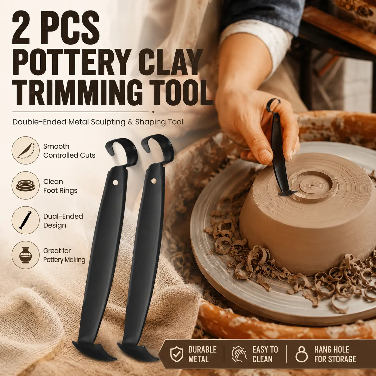 2Pcs Quality Double Ended Pottery Trim Tool Set, Metal Clay Shaping Knife with Dual Purpose Curved Section and Square Scraper End, Smooth Detail Trimmer for Ceramic Bowls, Cups, Vases, Wheel Work, Hand Building, Craft Class and Art Studio