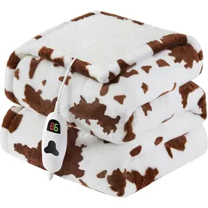 Heated Electric Blanket Throw 50X60 Brown, 10 Heat Levels & 8 Hours Auto Off, Cow Print Western Highland Cow Decor Fleece Sherpa Blanket Warm Gift for Women Adults