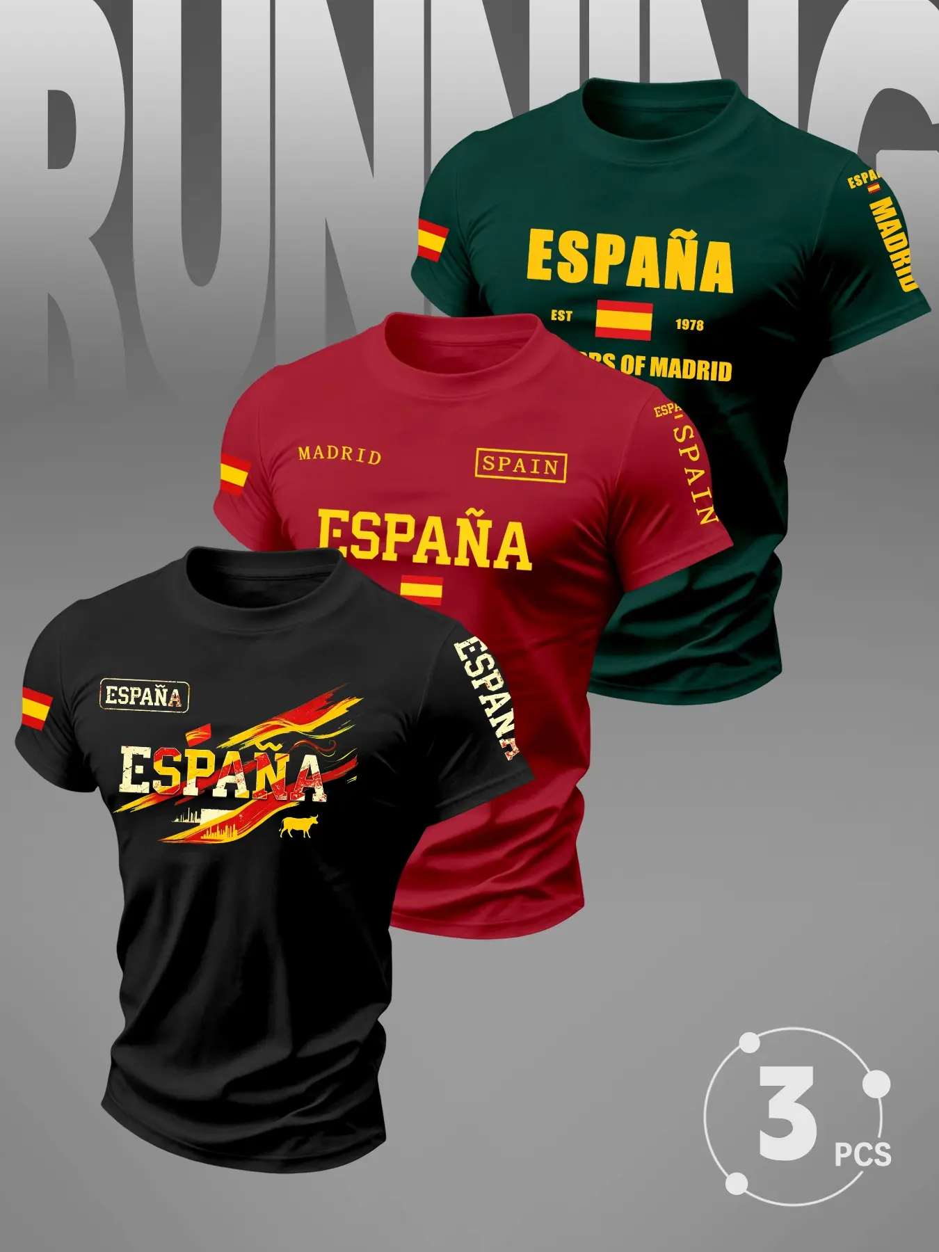 Spanish Theme Men's Short Sleeve T-Shirt 3-Pack, Espana Flag Print Sporty Top, Casual Streetwear, Outdoor Running Essential