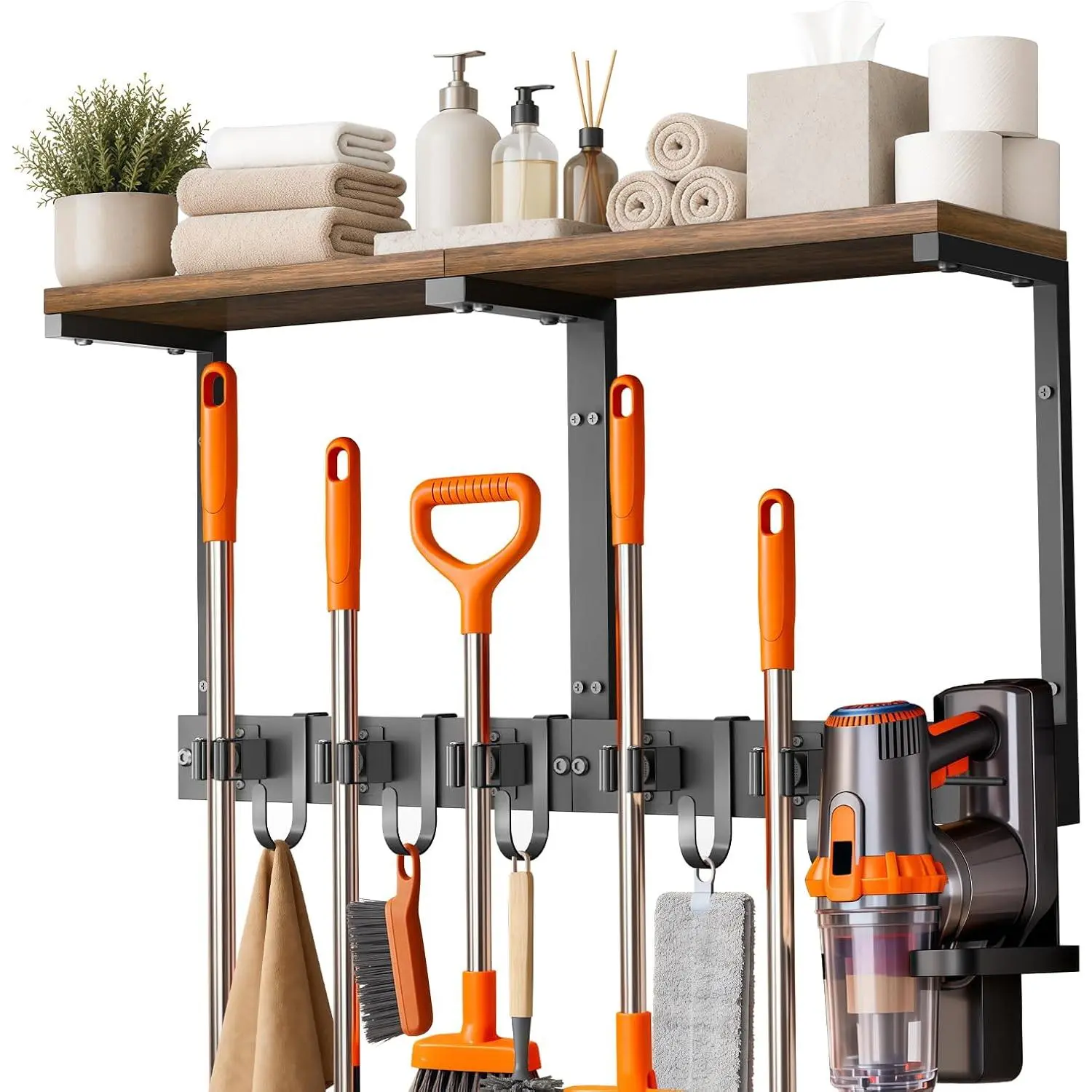 Large Broom Holder Wall Mount with Shelf, Vacuum Organizer, 5 Slots 5 Hooks | Black, 3-In-1 Wall Mount Stores Brooms/Mops/Vacuum, Cleaning Supplies With 5 Grippers/5 Hooks And A Sturdy Wooden Top Shelf