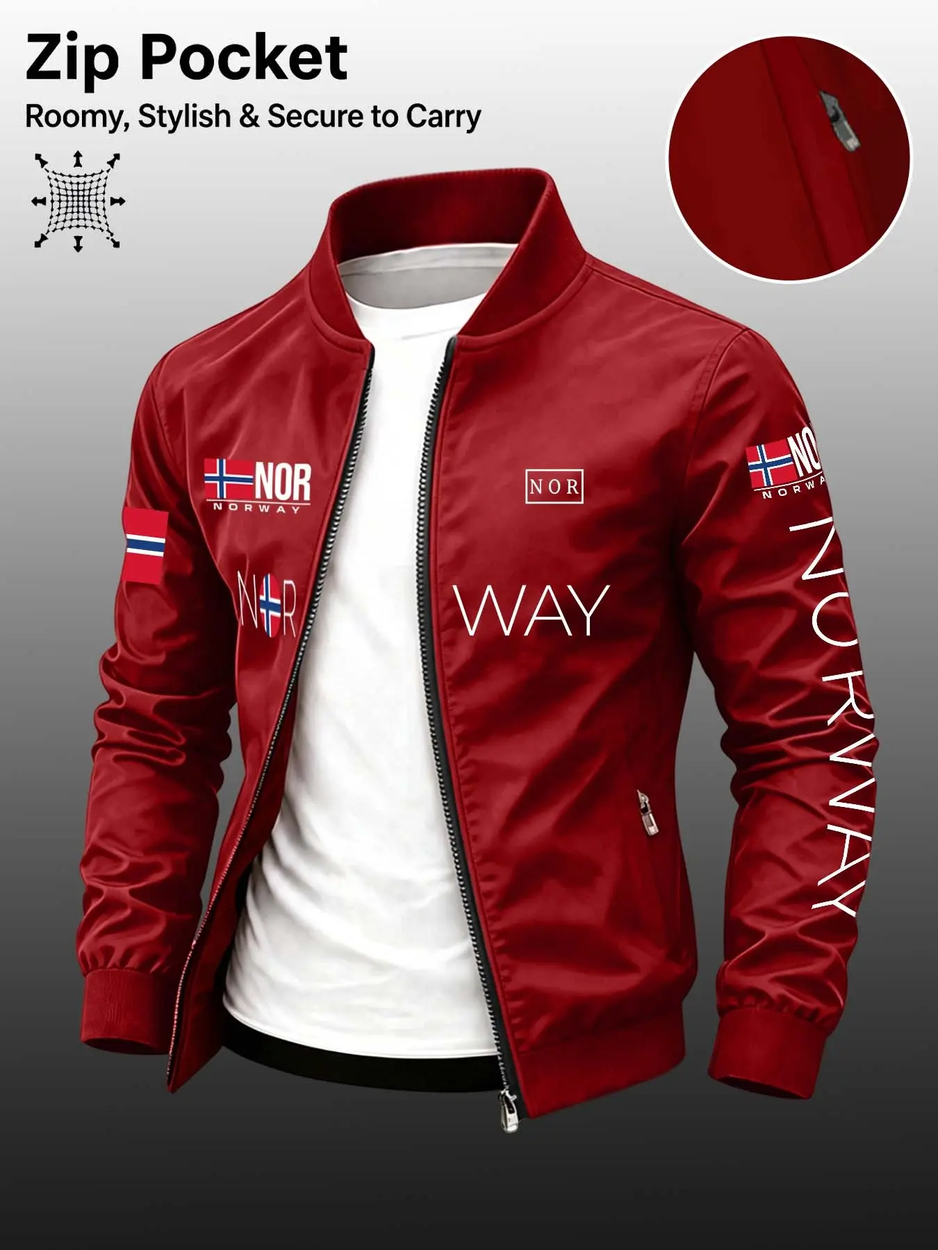 Men's Loose Fit Jacket, Long Sleeve, Norway Letter Print, Zipper Pocket Design, Casual Windproof Coat, American Style, All Seasons