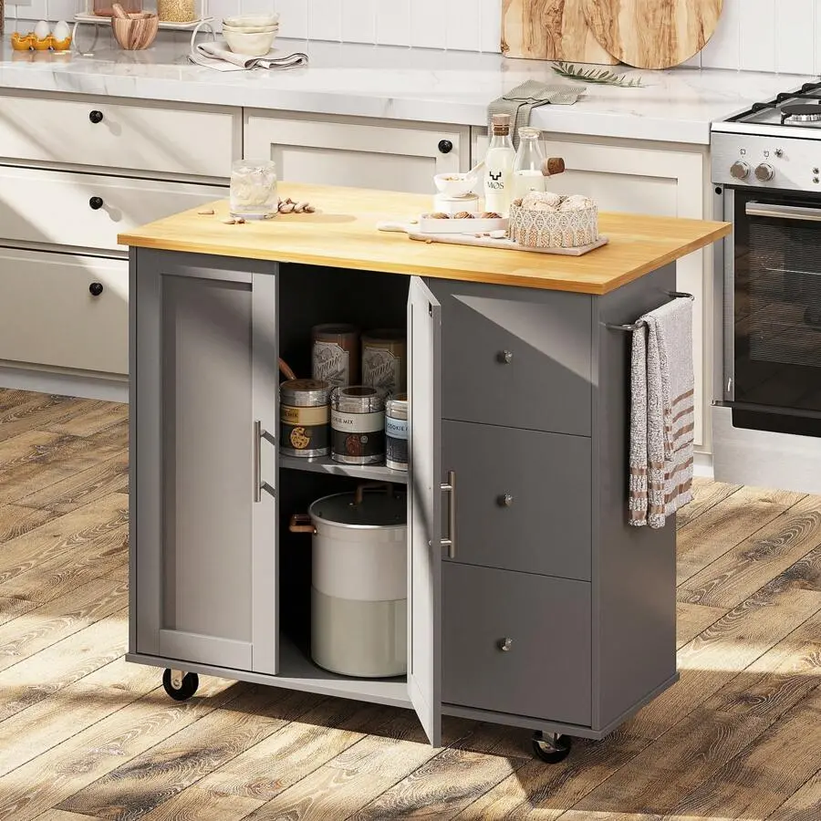 Island Cart With Folding Drop Leaf Breakfast Bar, Portable Trolley Island With Large Storage Cabinet, Shelf And Drawer