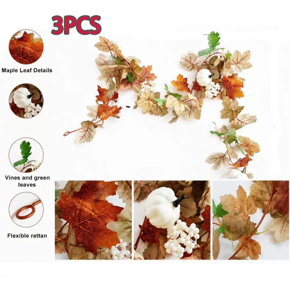 3-Pack 5.7ft Bohemian Fall Fireplace Wreaths, Artificial Wreath for Home Decor, Decoration Props, Plastic Maple Leaves, Halloween & Thanksgiving Decoration