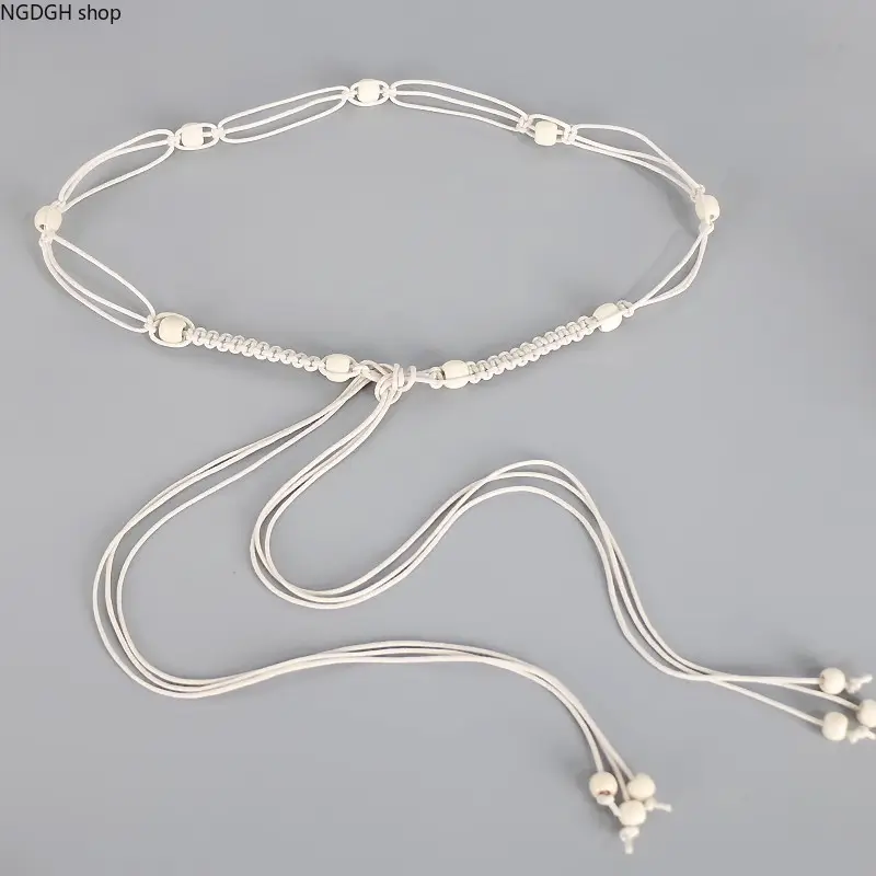 Women's Beaded Waist Chain - Macrame Adjustable Boho Belt, Elastic Tie Closure Body Chain, Trendy Summer Festival Sports & Outdoor Accessory, Macrame Cord, Beads, Female, Adults, Women's Clothes