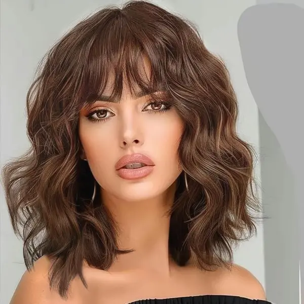 Dark Brown Bob Wigs Hair with Bangs Short Wavy Curly  display picture 3