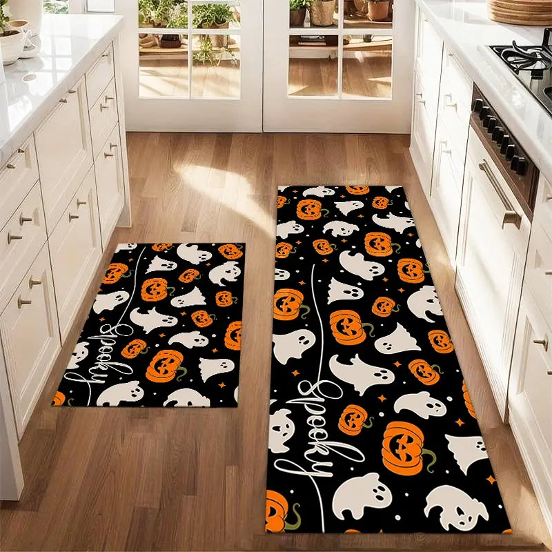 2Pcs Halloween Pumpkin Ghost Floor Mat Set Suitable For Farmhouse Kitchen Dining Room Laundry Room And Decorative Carpet Mat