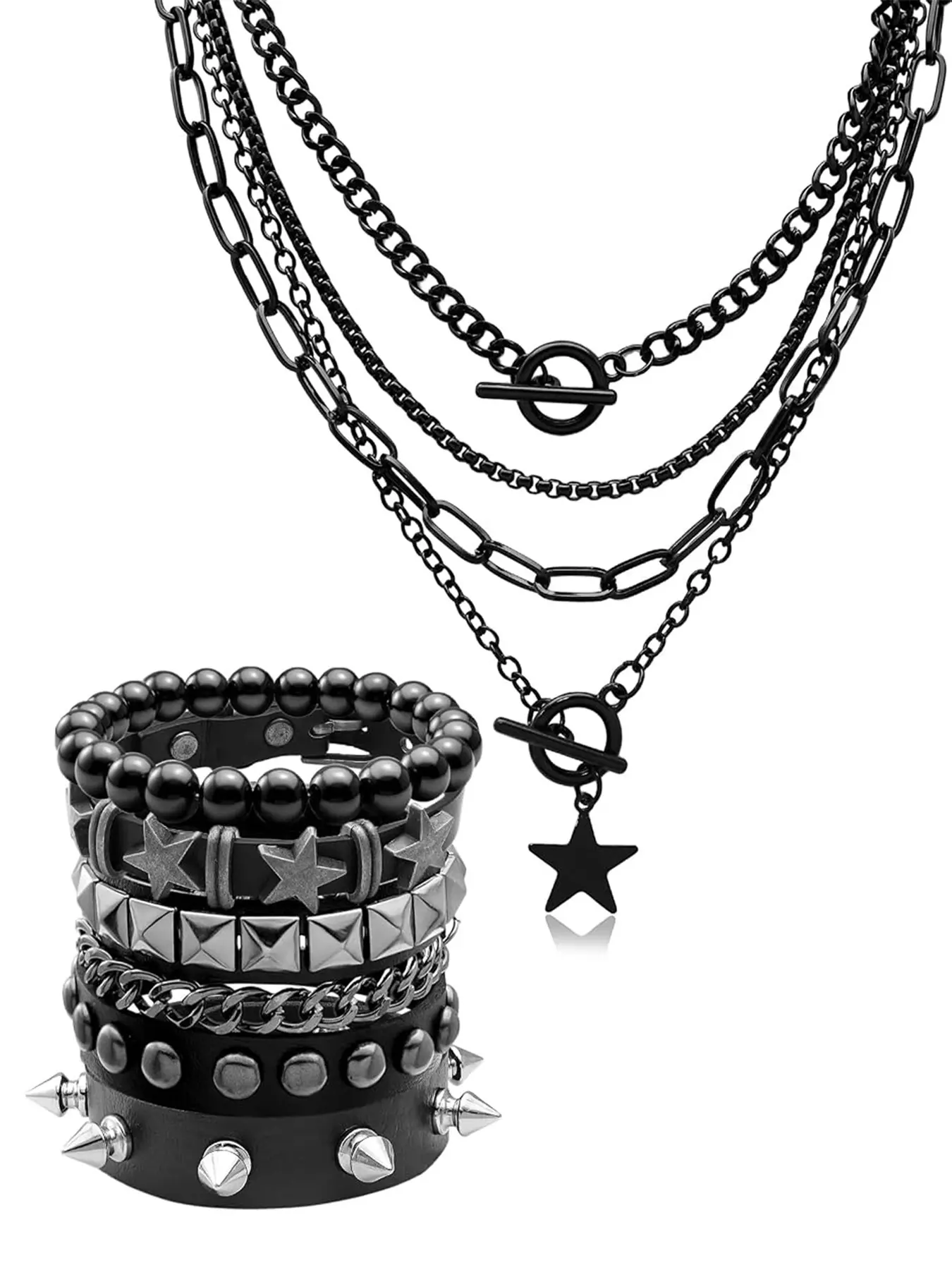 5 Pcs Layered Star Grunge Emo Studded Bracelets Goth Necklace Set for Women Men Y2K Star Guitar Gothic Choker Punk Rock Spiked Leather Bracelets 80s Emo Accessories Y2K Goth Jewelry Gifts