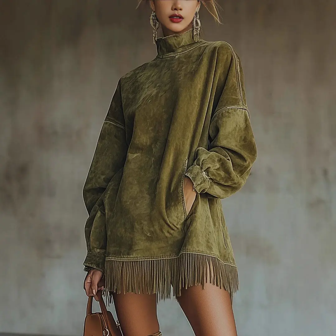 High Neck Loose Pocket Tassel Long Sleeve Suede Dress