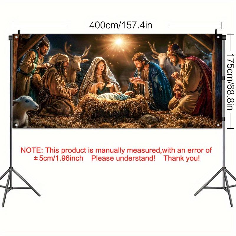 1 religious character nativity scene garage door banner Large polyester tapestry with Mary and Joseph outdoor holiday decoration, perfect for holiday and party atmosphere poinsettia artificial