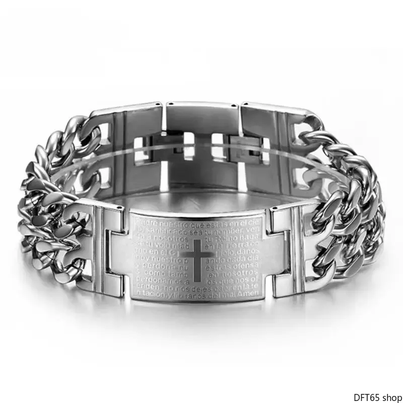 Chunky Titanium Steel Men’s Bracelet Engraved Cross And Bible Verse Pattern Hypoallergenic Anti-Tarnish Solid Metal Chain Punk Retro Silhouette For Male Daily Spiritual Faith Stackable Streetwear Wrist Jewelry