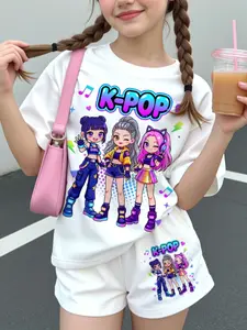 Teen Girls Casual Blue Pattern Short Sleeve Round Neck T-Shirt and Shorts Set, Summer Fall Fashion, Comfortable, Cute Sets