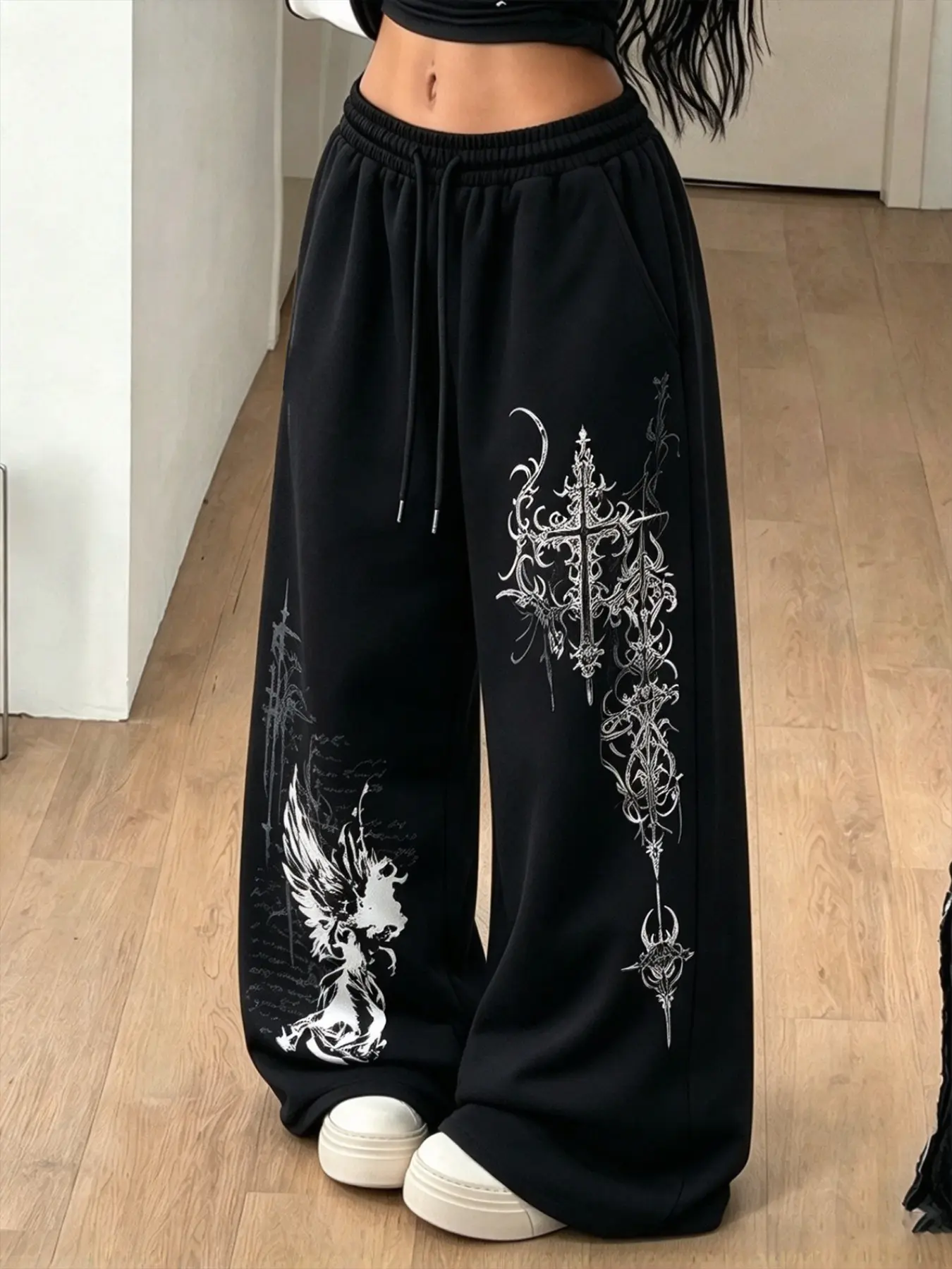 Gothic Angel Cross Print Wide Leg Sweatpants, High Street Y2K Loose Drawstring Casual Long Pants, Unisex Streetwear for All Seasons
