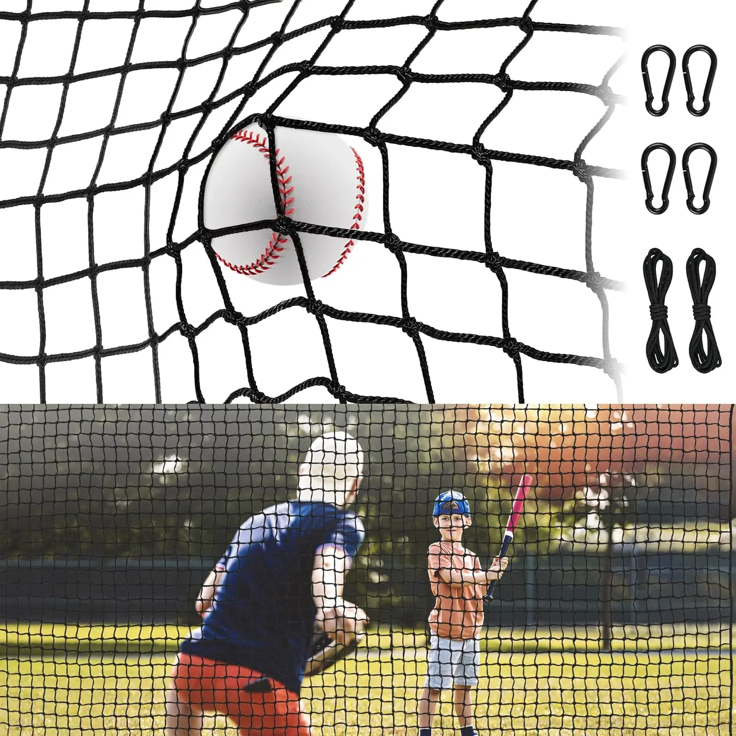 Heavy Duty 10-50FT Polyethylene Baseball Hitting Net with Rope & Carabiners, Quick-Install Multi-Sports Training Equipment for Baseball/Soccer Batting Cages, Durable Softball Backstop Netting