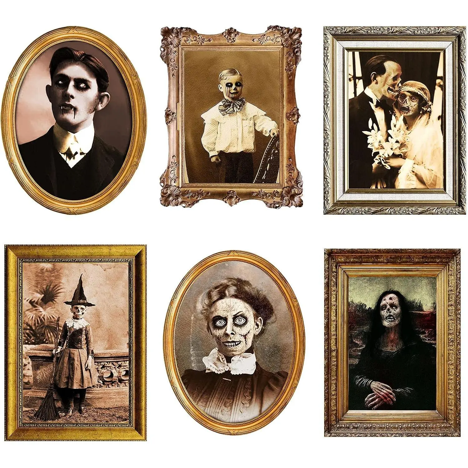 3D Changing Face Halloween Decorations Moving Horror Portrait Picture Frame Gothic Mansion Haunted Tabletop Scary Wall Decoration for Halloween Party House, Chic, 6 PCSGift